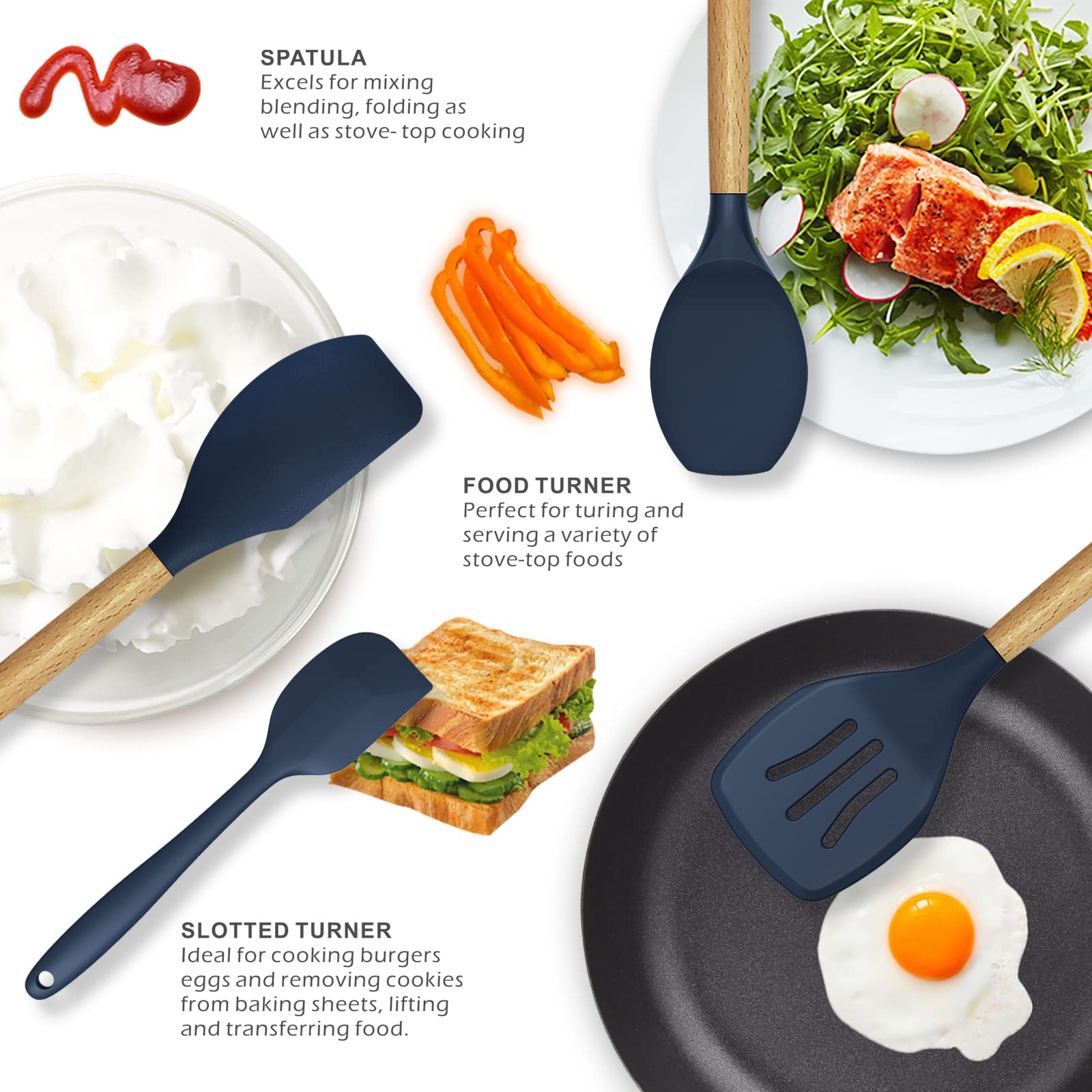 oannao Silicone Cooking Utensils Set - 446°F Heat Resistant Silicone Kitchen Utensils for Cooking,Kitchen Utensil Spatula Set w Wooden Handles, BPA FREE Gadgets for Non-Stick Cookware (Navy Blue)