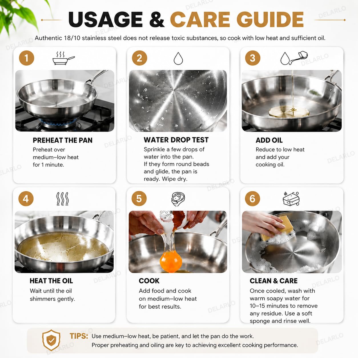 DELARLO Tri-Ply Stainless Steel Pan, 18/10 Frying Pan, Oven Safe Up to 600°F, Nontoxic Cookware, Compatible with All Cooktops Skillet, Durable, Fast Even Heat Fry Pan,12 inch Pan with Glass Lids