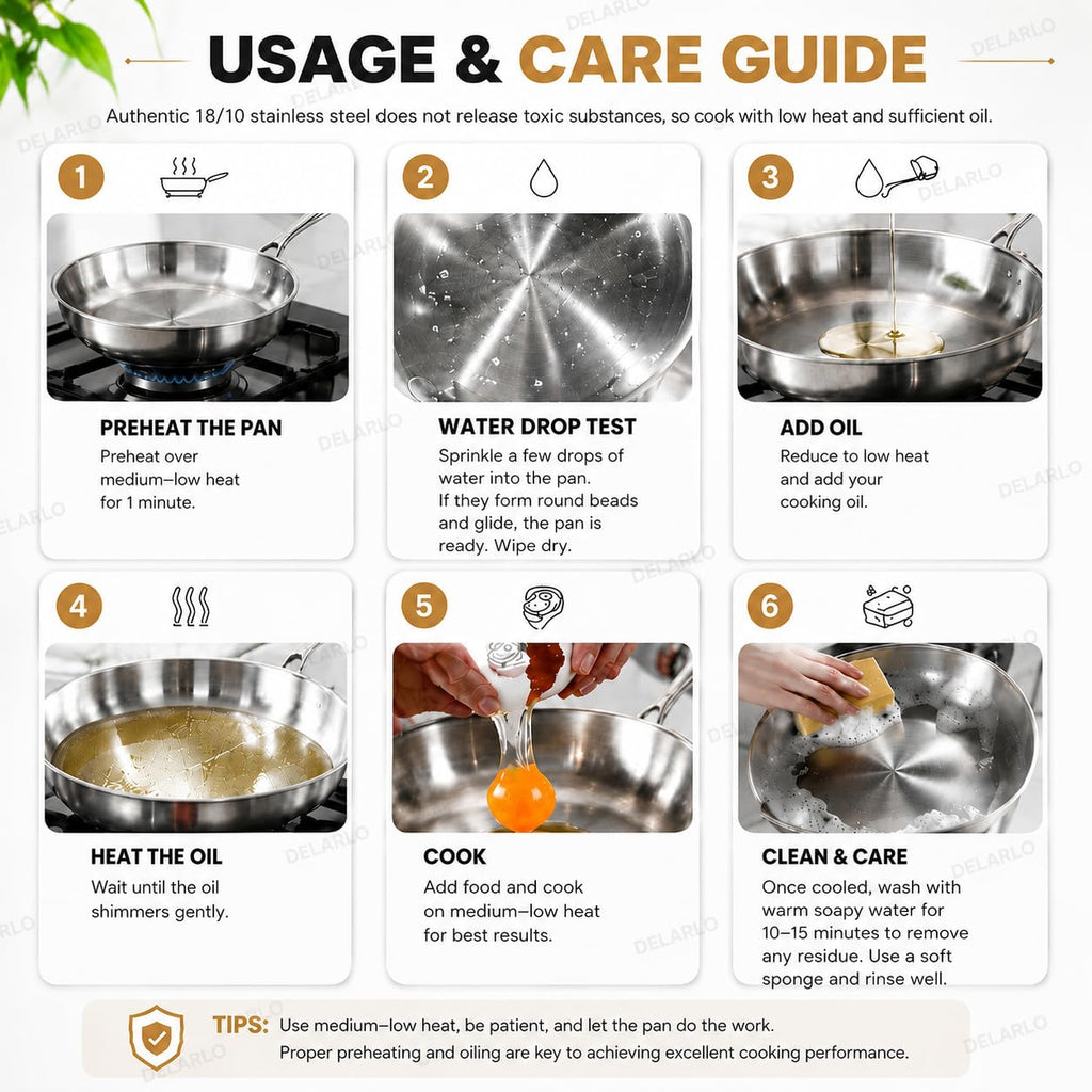 DELARLO 14" Stainless Steel Pan, 18/10 Frying Pan, Oven Safe Up to 600°F, Nontoxic Cookware, Compatible with All Cooktops Skillet, Durable, Fast Even Heat Fry Pan, Large 14.2 Inch Frying Pan