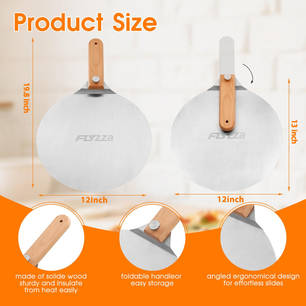 FLYZZA 12 inch Stainless Pizza Peel for Large Oven, Pizza Spatula with Foldable Wood Handle for Indoor & Outdoor Pizza Oven Baking, Turing Peel for Pizza, Dough, Bread Pastry
