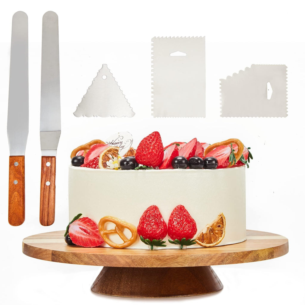 GOVOKOI 12" Acacia Wood Revolving Cake Stand, 2" High Turntable for Cake