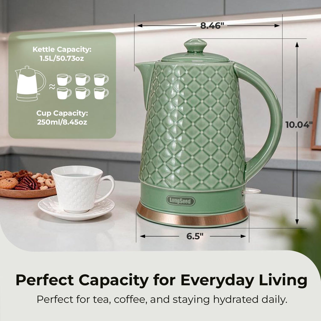 LONGSEED 1.5L Ceramic Electric Kettle, 1200W Fast Boil Retro Tea Pot with LED Light, BPA-Free Porcelain Cordless Water Boiler, Auto Shut-Off & Boil-Dry Protection, Green Relief Carving