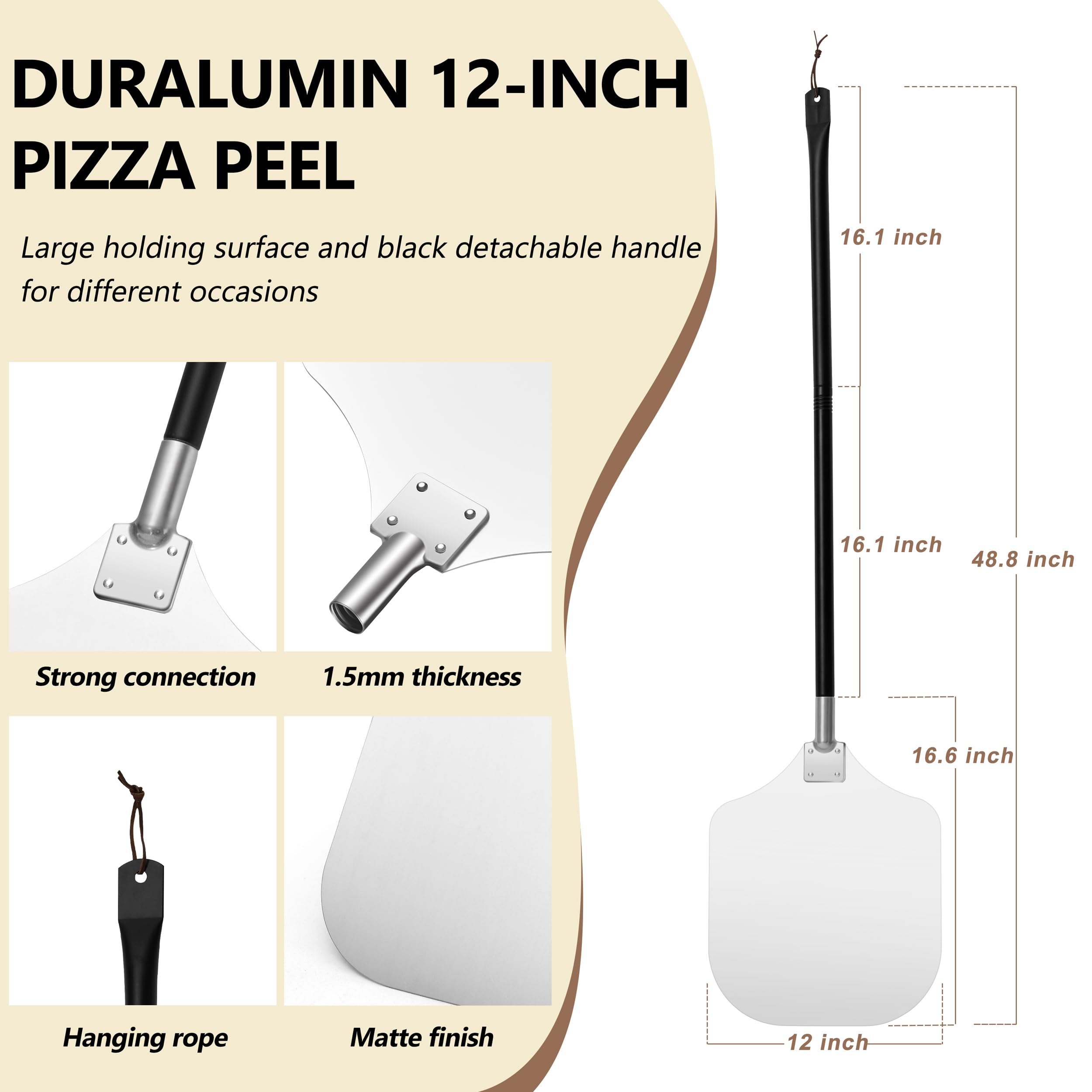 HaSteeL Aluminum Pizza Peel Spatula Set, 12 Inch Pizza Paddle Shovel, 14 Inch Metal Pizza Cutter Rocker, Pizza Oven Accessories Tools for Cooking Baking Turning Cutting, Long Detachable Handle