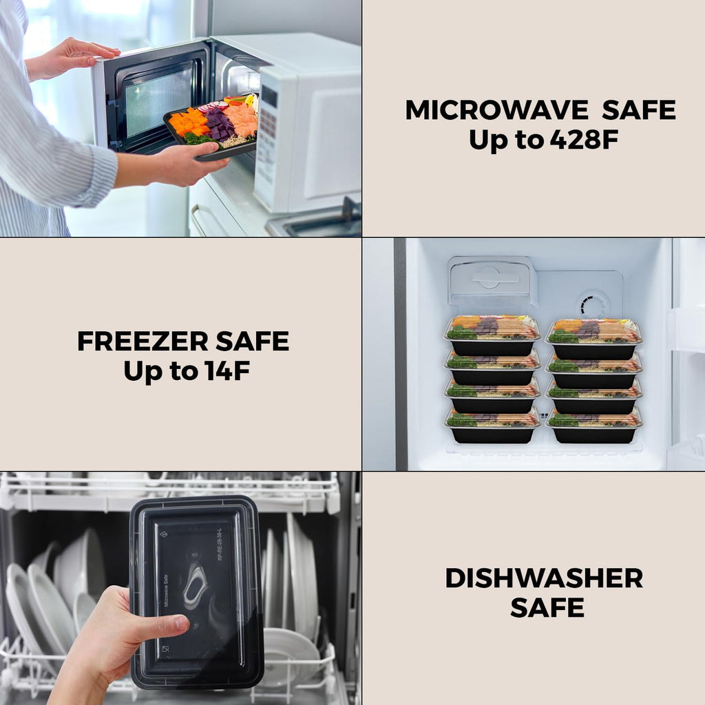 Klex 16 Oz, 50 Sets Meal Prep Containers with Airtight Lids, BPA Free, Reusable Plastic Food Container, 16 oz, Rectangular, Black/Clear, 50 Sets