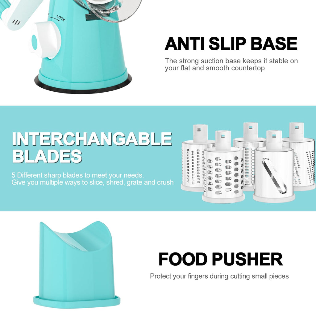 Cambom Rotary Cheese Grater Hand Crank Cheese Shredder for Fresh Cheese, Vegetable, Nuts,Non-slip Suction Base, Five Blades, Blue
