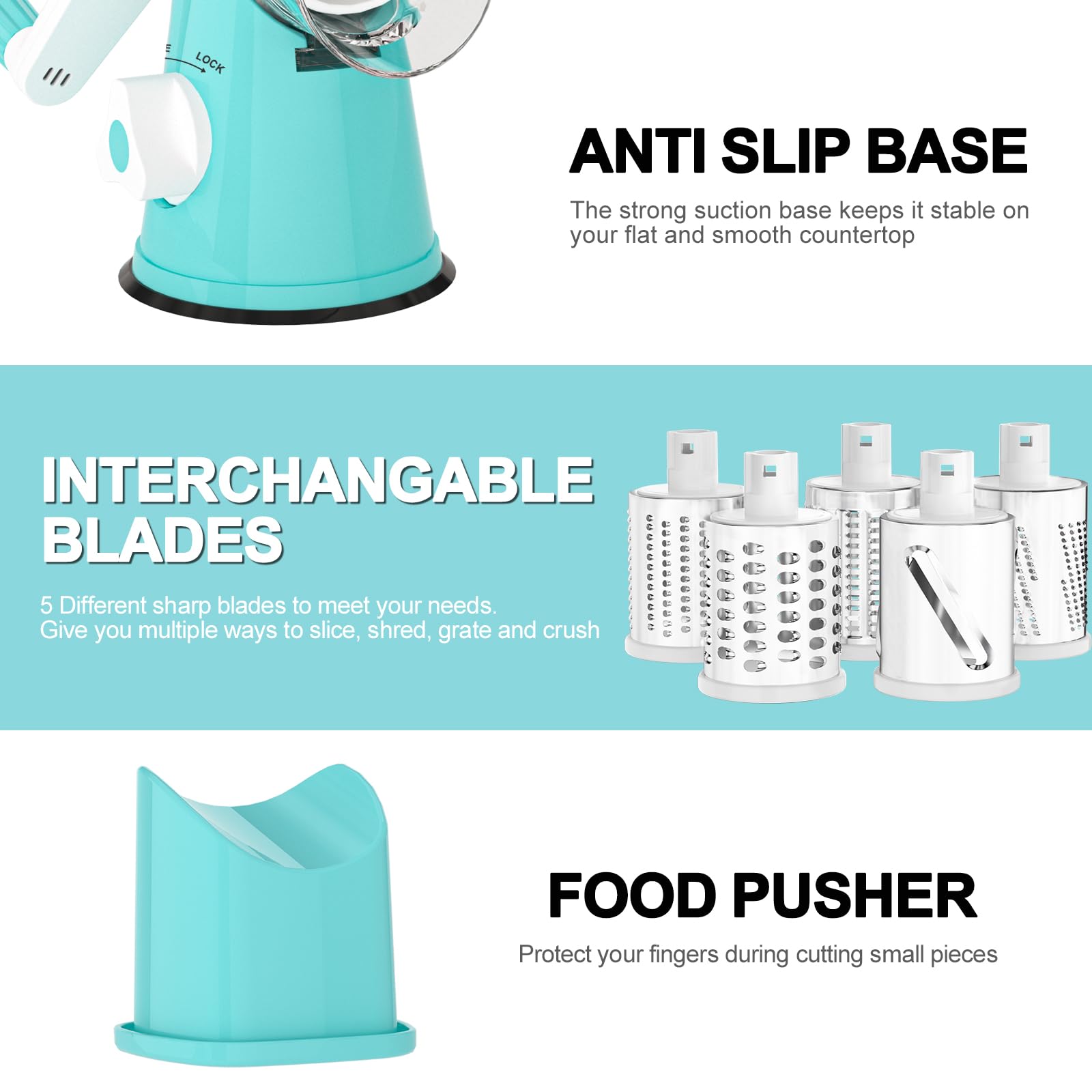Cambom Rotary Cheese Grater Hand Crank Cheese Shredder for Fresh Cheese, Vegetable, Nuts,Non-slip Suction Base, Five Blades, Blue