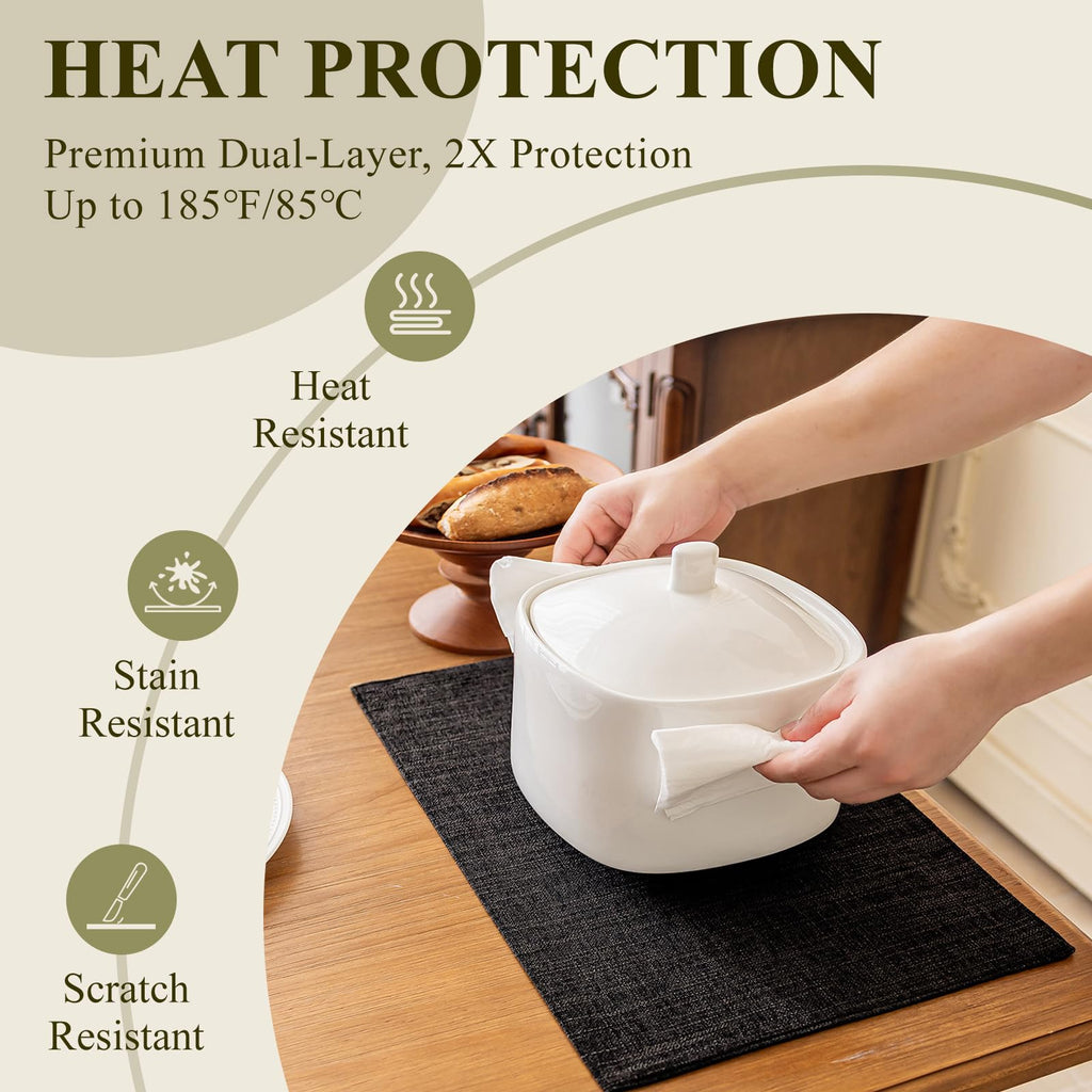 KXN Placemats Set of 4, Dual-Layer Thickened Faux Linen Table Mats, Heat Resistant & Wrinkle-Free, Machine Washable Cloth Place Mats for Kitchen Dining Indoor Outdoor (Black)