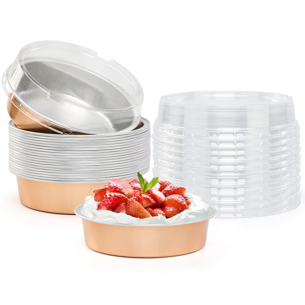 Beasea Mini Pie Pans with Lids, 120 Pack 4 Inch 8oz Disposable Mini Cake Pans Creme Brulee Aluminum Foil Pie Tart Ramekins Tins Silver Small Individual Round Containers Oven Safe for Baking