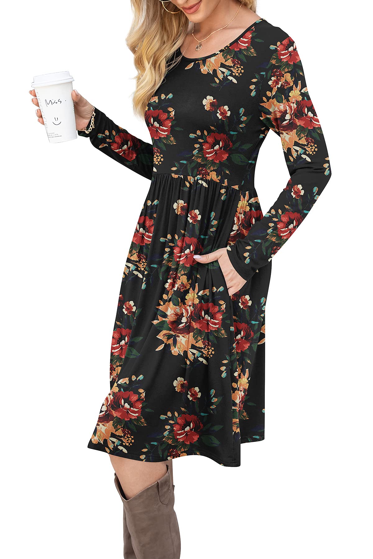 DB MOON Women Casual Long Sleeve Dresses Empire Waist Loose Dress with Pockets (Brown Floral Black, XL)