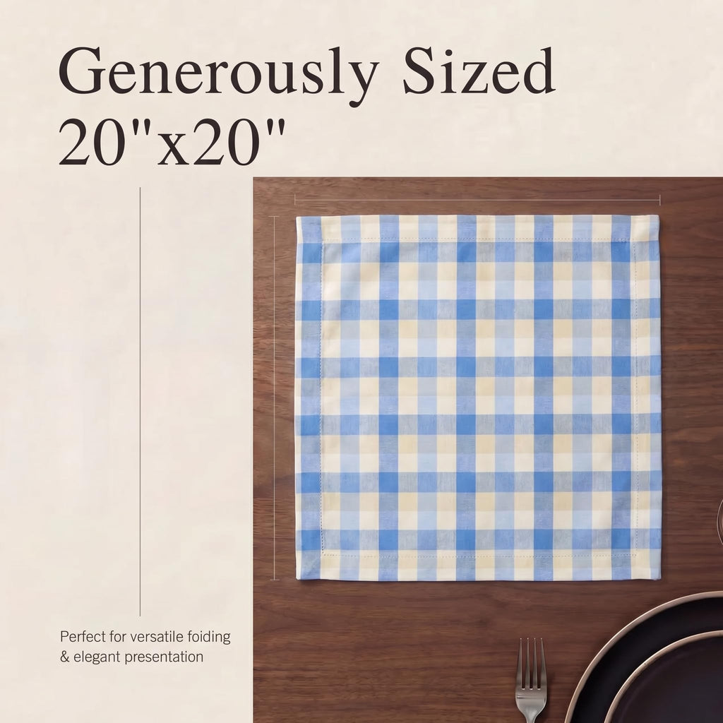 Urban Villa Cloth Napkins 100% Cotton Highly Absorbent Washable Reusable Premium Dinner Napkins Ideal for Gifts for Mothers Day Hotel Farmhouse Parties - Blue Sand Checks (20" x 20", Set of 12)