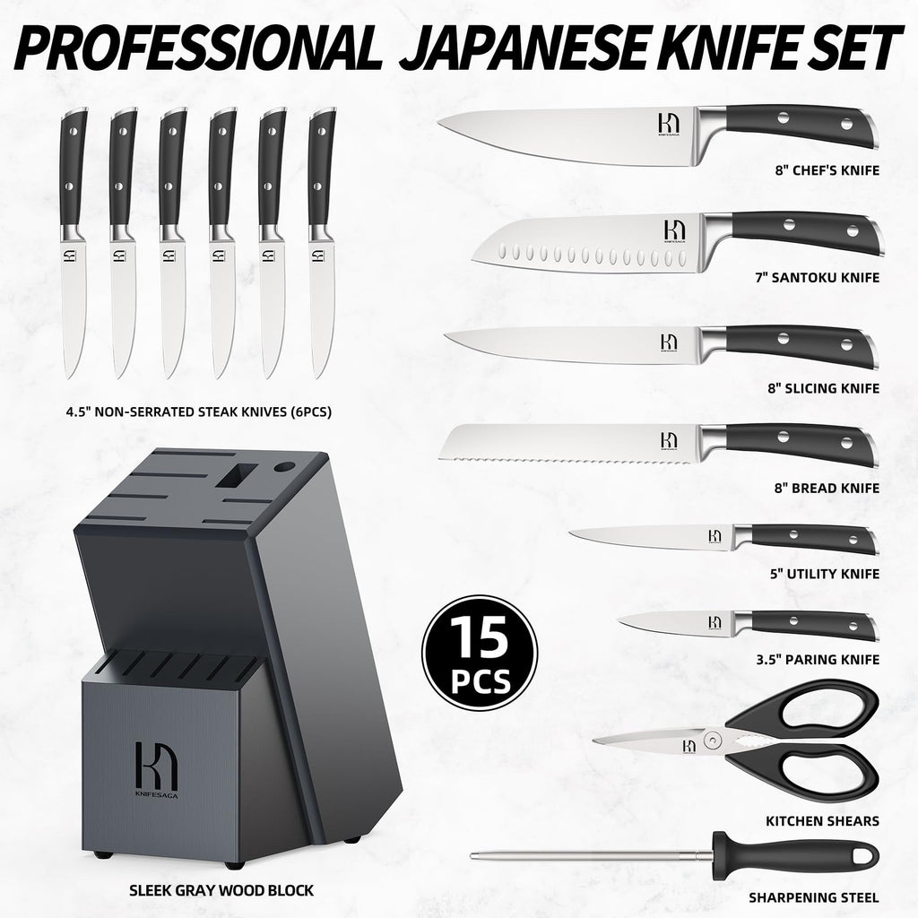 KnifeSaga 15 Pcs Japanese Knives Set for Kitchen, Razor Sharp, Professional
