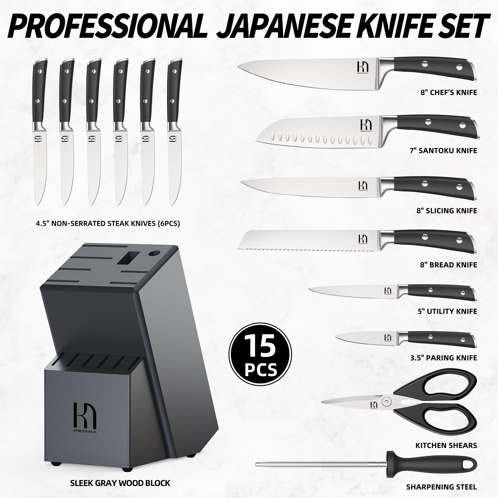 KnifeSaga 15 Pcs Japanese Knives Set for Kitchen, Razor Sharp, Professional