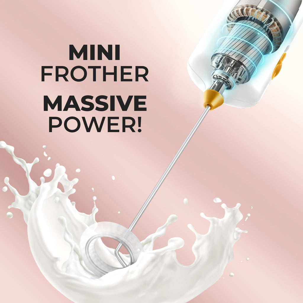 Mini & Mighty Milk Frother Wand – Powerful Handheld Coffee Frother, Battery Operated Drink Mixer – Compact Pocket Size – Detachable Whisk for Latte, Cappuccino, Matcha, Hot Chocolate