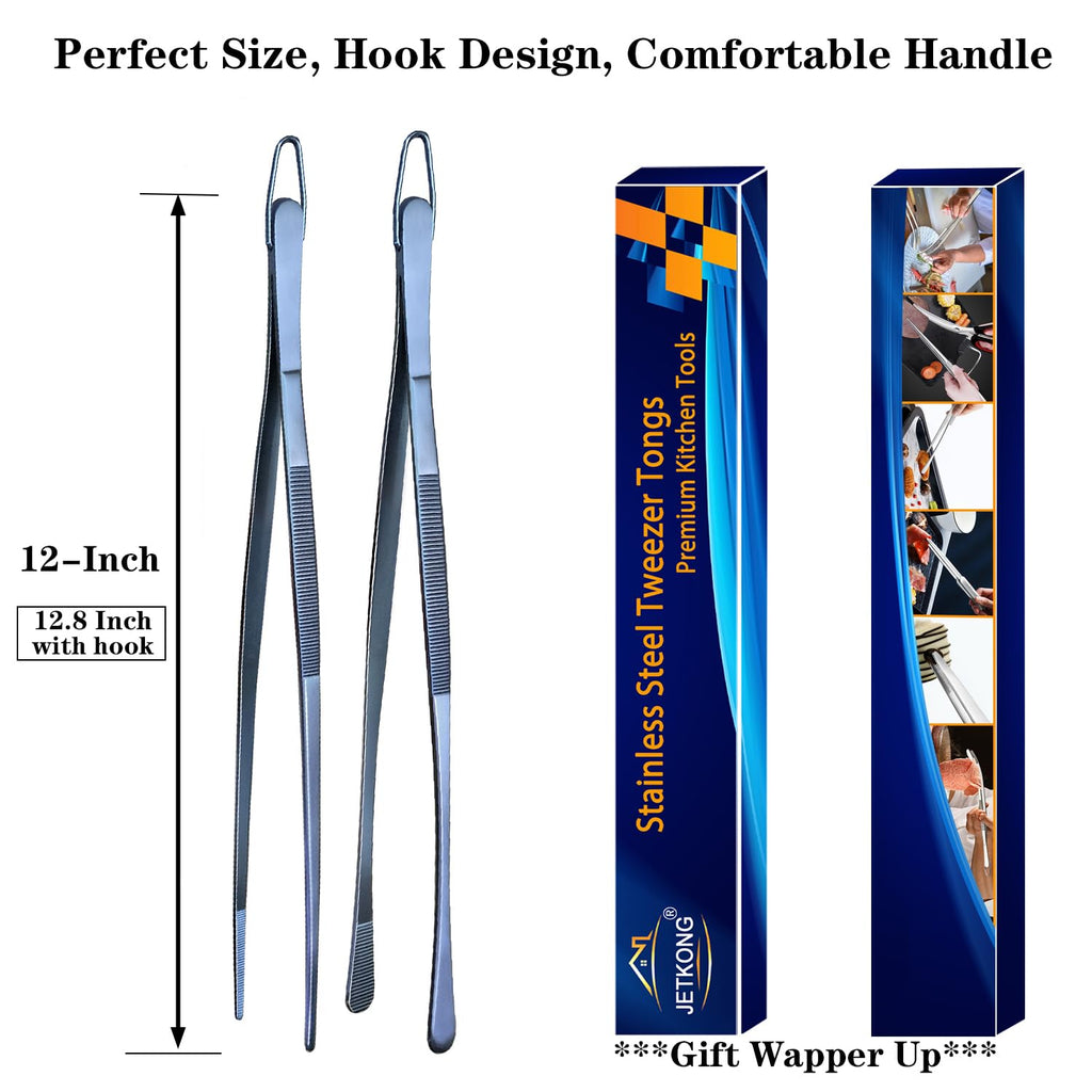 JETKONG 2 Pcs 12-Inch Cooking Tweezer Tongs Stainless Steel Kitchen Tweezers Plating Tongs (Navy Blue)