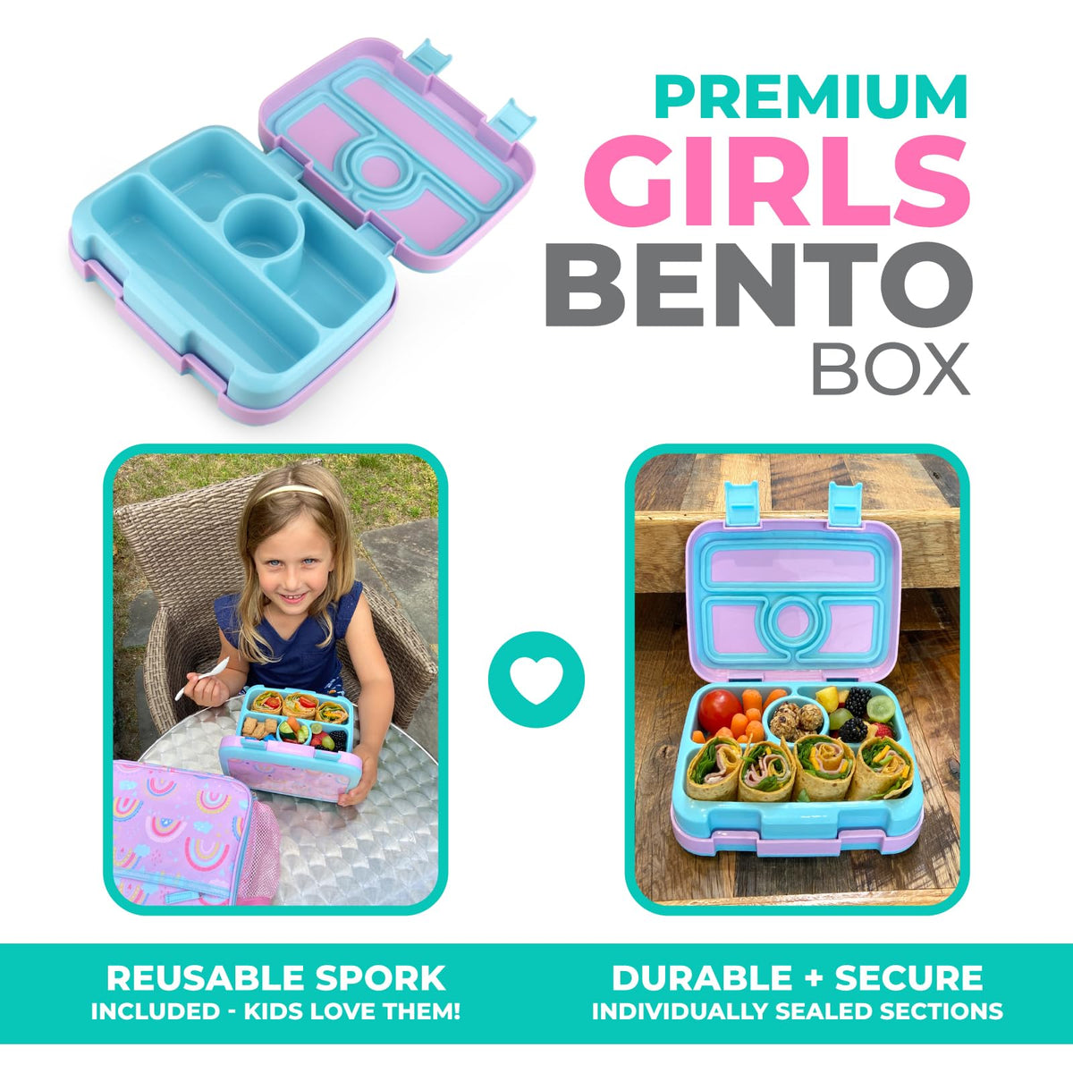 kinsho Bento Lunch Box for Kids Toddlers Girls, 4 Portion Sections Secure Lid, Microwave Safe BPA Free Removable Tray, Pre-School Kid Daycare Lunches Snack Container Ages 3 to 5, Pink Koala