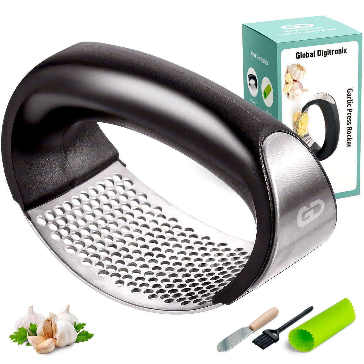 Garlic Press Rocker – Stainless Steel Garlic Mincer, Crusher & Chopper Tool with Peeler, Spatula & Brush – Easy-Press Garlic Press for Mincing Cloves, Ginger & Nuts, Comfortable Ergonomic Handle