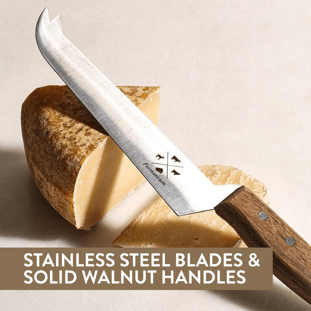 Formaticum Professional Tasting Cheese Knife - Cheese Cutter with Walnut Handle, 7" x 1.25" Stainless Steel Blade, Fork Tip for Tasting, Slicing & Serving, Made in Italy