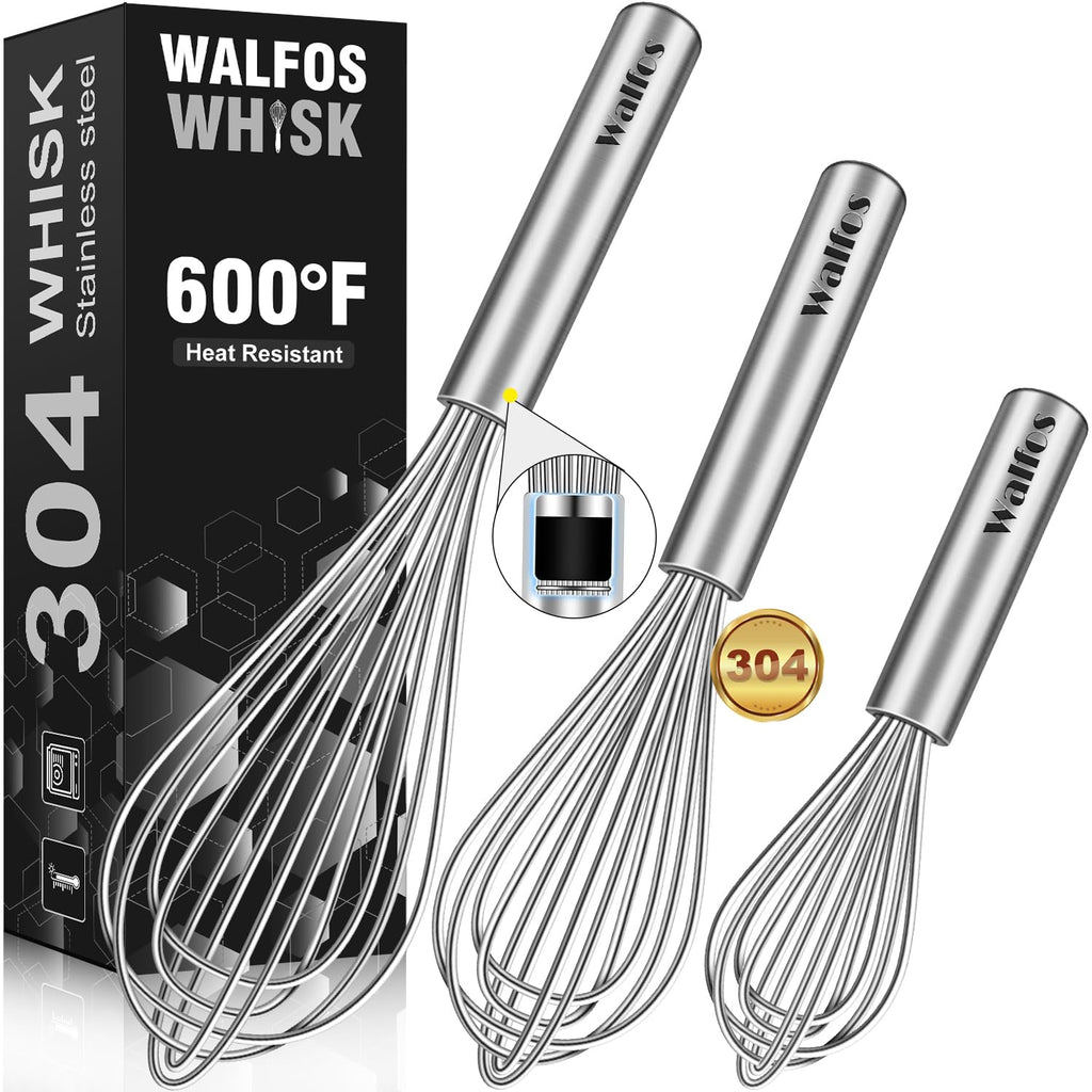 Walfos Whisk,304 Stainless Steel whisk,No-Rust 7+9+11inch Whisks for cooking Nice for Blending,Whisking,Beating.Heat resistant 600°F Dishwasher Safe. Heavy duty kitchen whisk.SILVER
