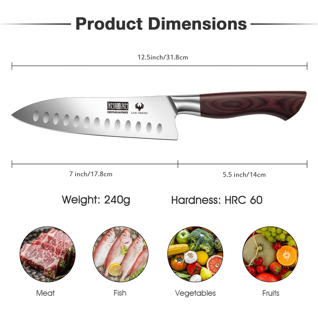 HOSHANHO 7" Chef Knife,Razor-Sharp Santoku Knife with Ergonomic Wood Handle