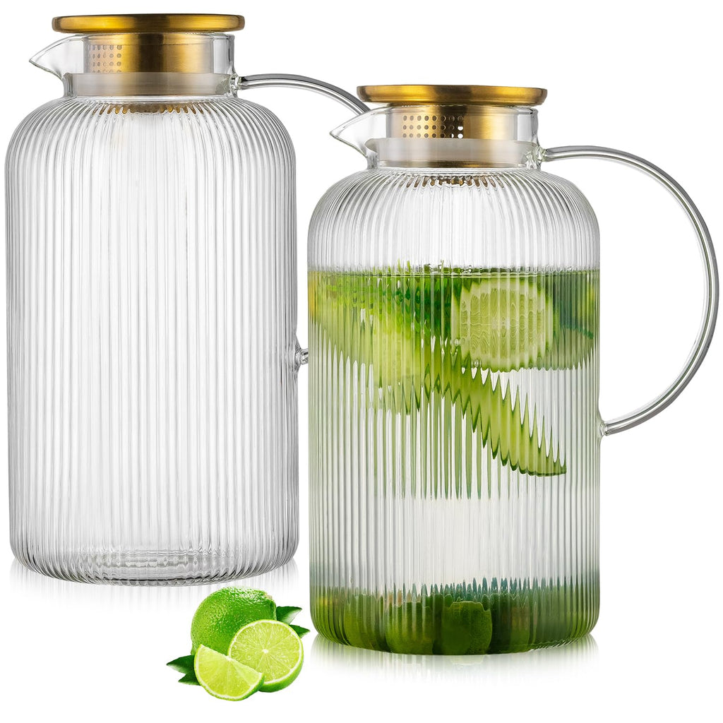 Buaic 2 PACK Glass Pitcher with Lid, 68 oz Glass Carafe with Silicone Base