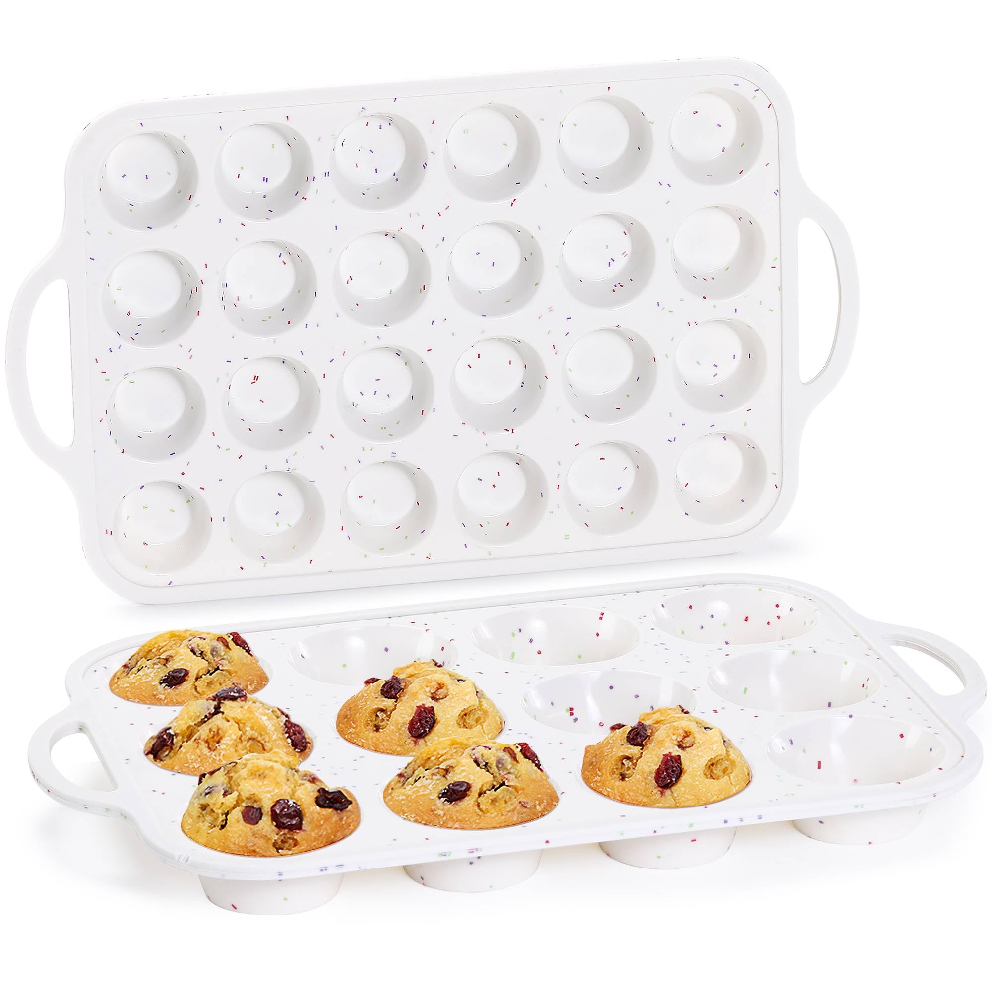 CAKETIME Silicone Muffin Pans for Baking, Metal Reinforced Frame Regular 12 Cups & Mini 24 Cups Cupcake Pan Set Nonstick Muffin Pan for Homemade Baking Easy to Handle