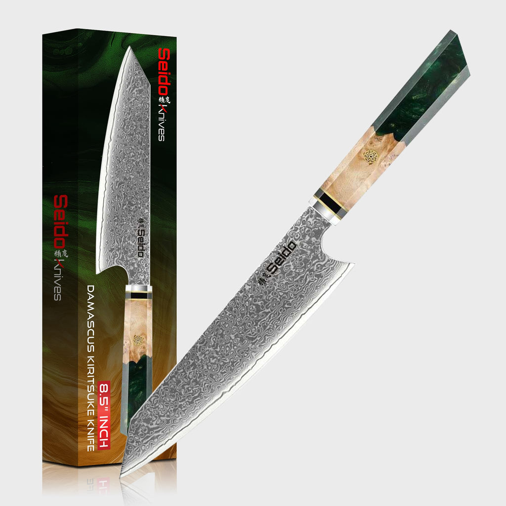 Seido Knives 8.5 Inch Kiritsuke Damascus Chef Knife, VG10, Blue Resin