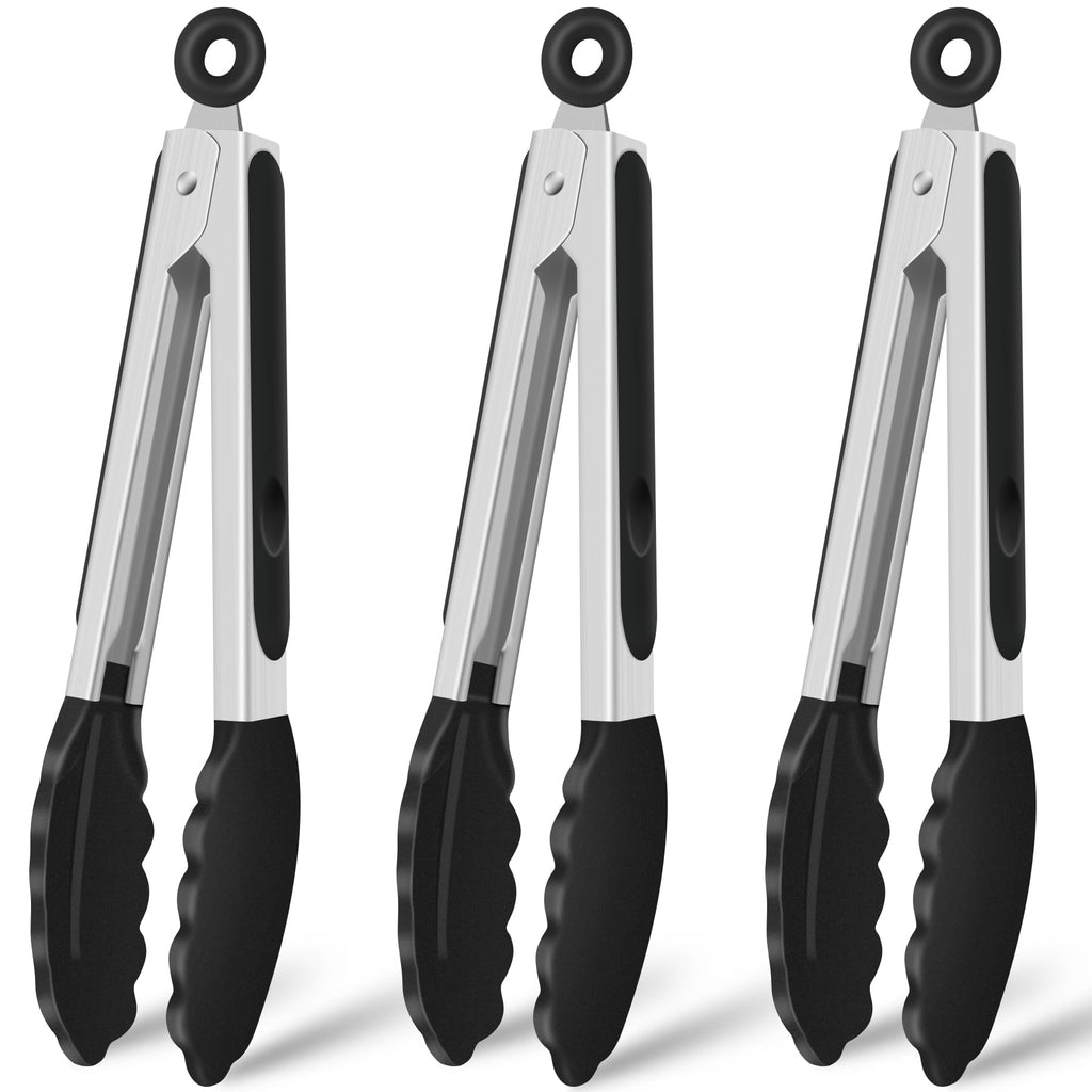 Hotec Silicone Serving Tongs for Cooking 9-Inch Kitchen Tongs with Silicone Tips, Set of 3 (Black)