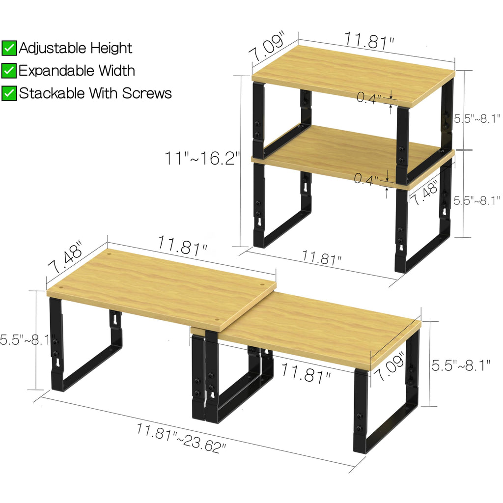 Adjustable Storage Shelves for Kitchen Cabinet Organization - Set of 2 Stackable Metal & Solid Wood Racks, Space-Saving Design for Countertop/Pantry/Garage, Easy Assembly(2 Packs/Medium/Black)