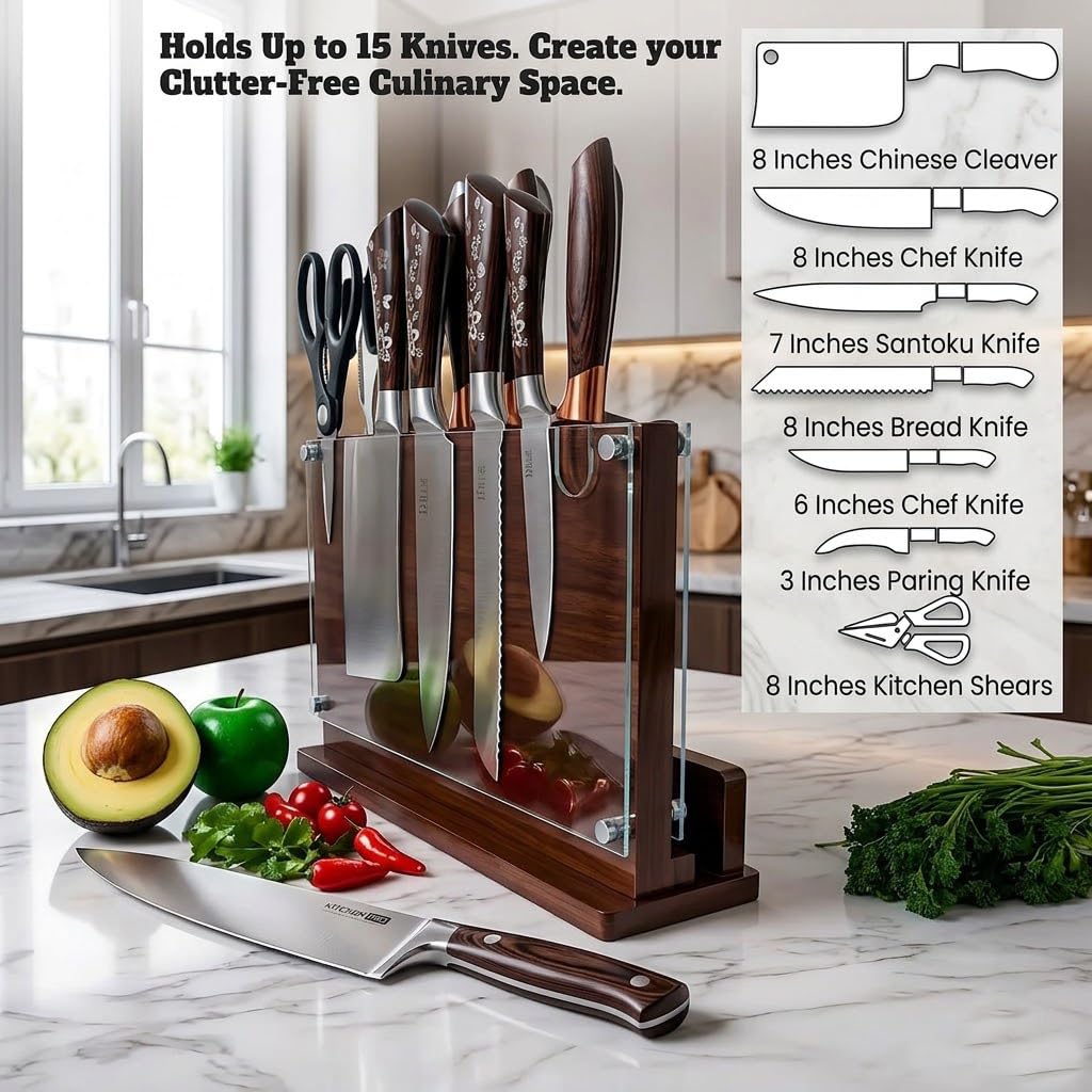 Magnetic Knife Block with Builtin Sharpener, Double Sided Magnet and Acrylic safety shield on both side for Kitchen Counter, Extra Large size 14'x10',Wood Magnetic Knife Holder,stand. Board.