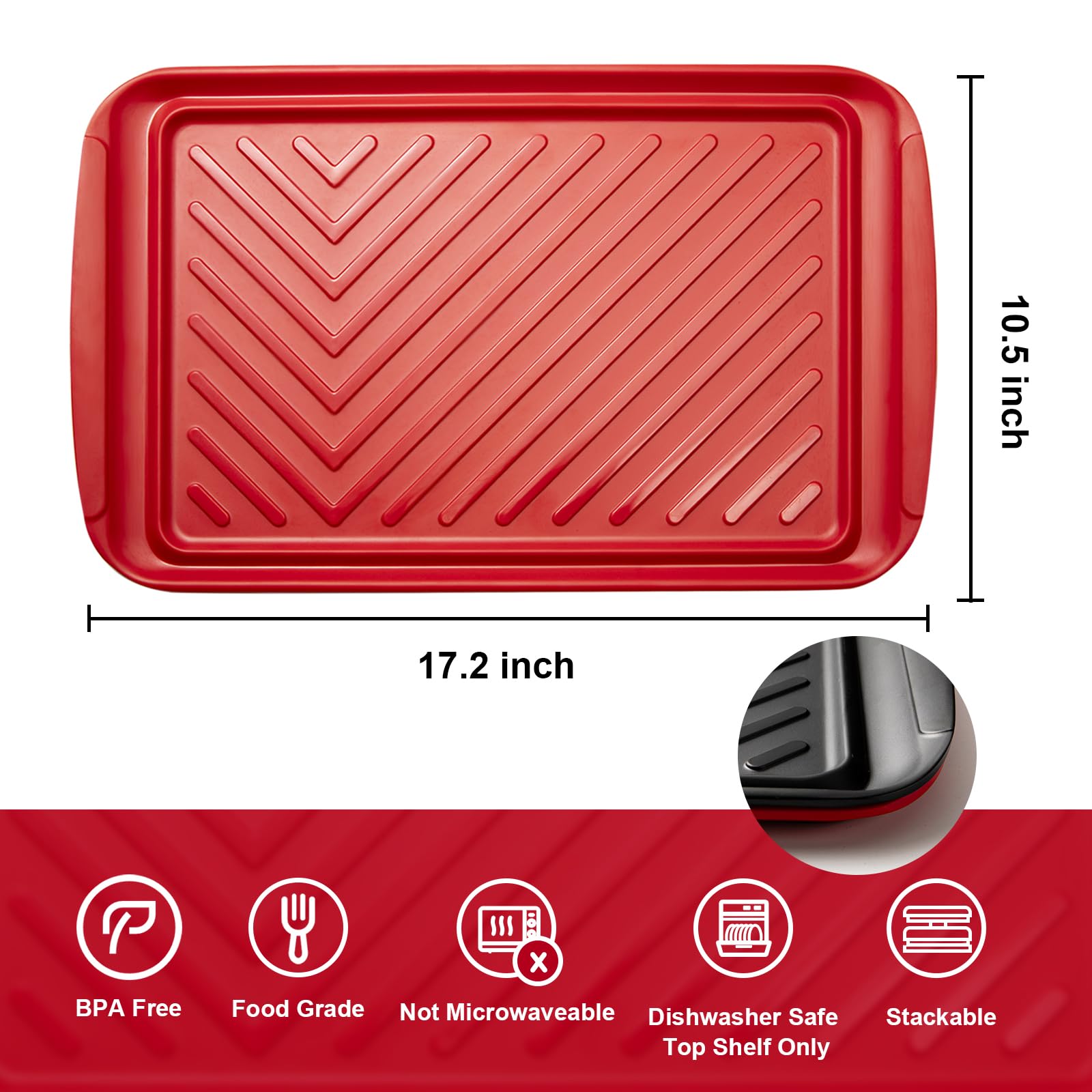 LEHAHA Grilling Prep Trays, Melamine BBQ Prep and Serving Platters and Tray for Outdoor Entertaining, Large Food Serving Trays, Set of 2, 17.2" x 10.5",Great for Grilling Lovers,Black and Red