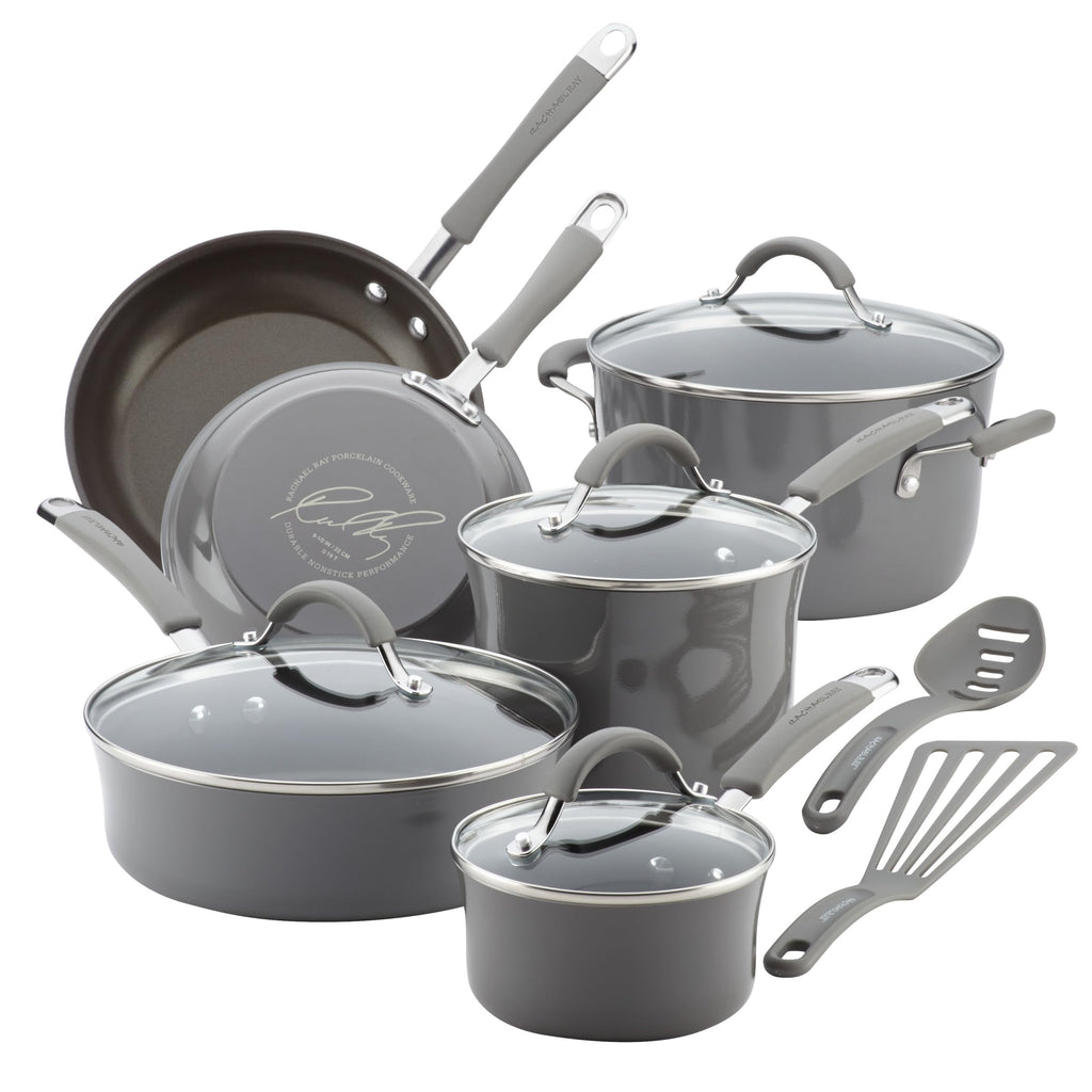 Rachael Ray Cucina Nonstick Cookware, Pumpkin Orange Pots and Pans Set, 12-Piece