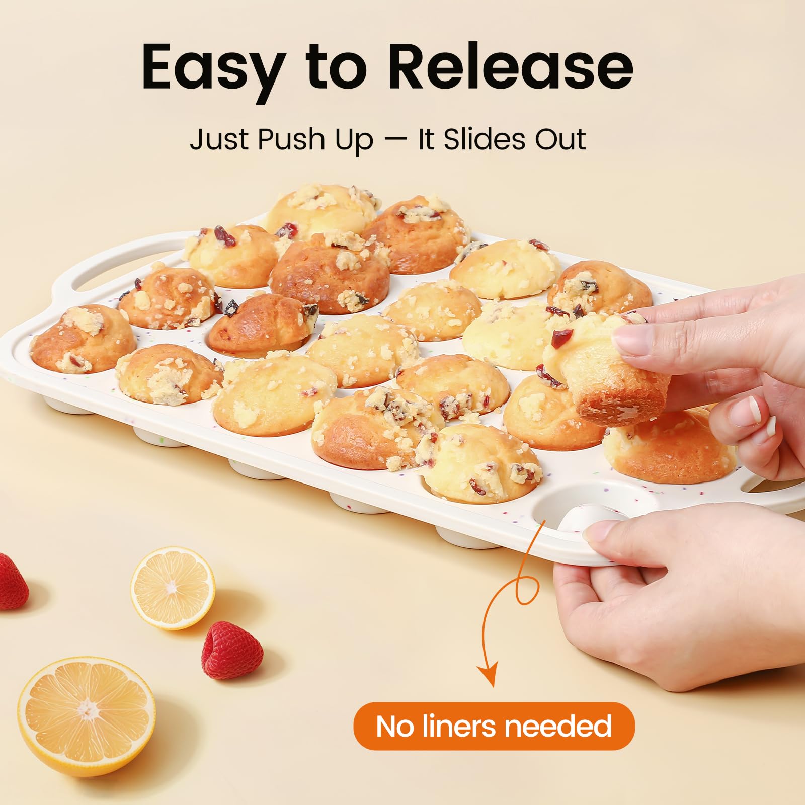 Fimary Silicone Muffin Pans With Metal Reinforced Frame - 24 Cups Durable Silicone Baking Pan for Muffins, Cupcakes, BPA Free and Dishwasher Safe - Beige with Rainbow Spots, Set of 2