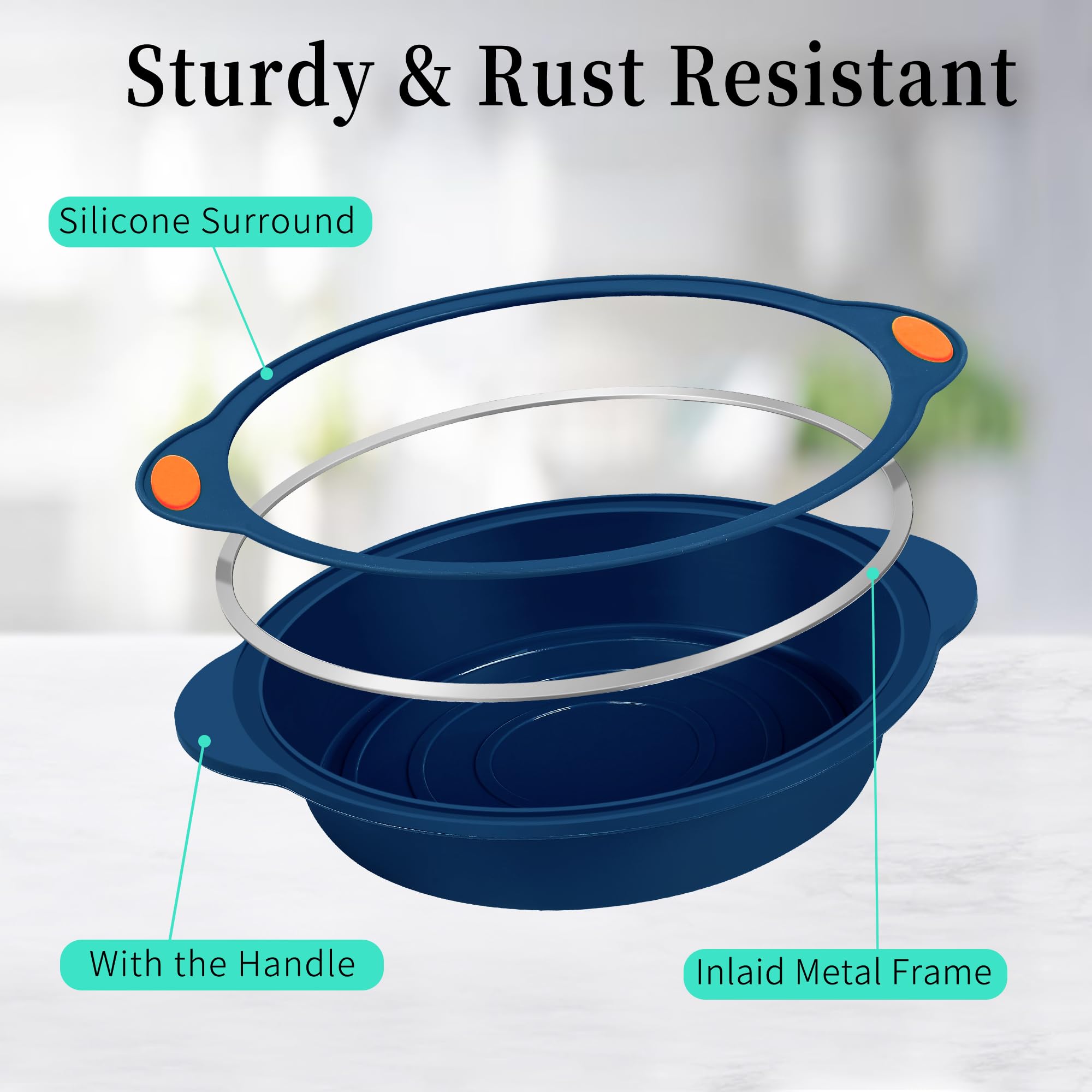 To encounter 8 in 1 Silicone Baking Set - 6 Cake Molds - 2 Silicone Baking Mat, Nonstick Cookie Sheet, Cake Muffin Bread Pan with Grips and Metal Reinforced Frame More Strength, Navy Blue
