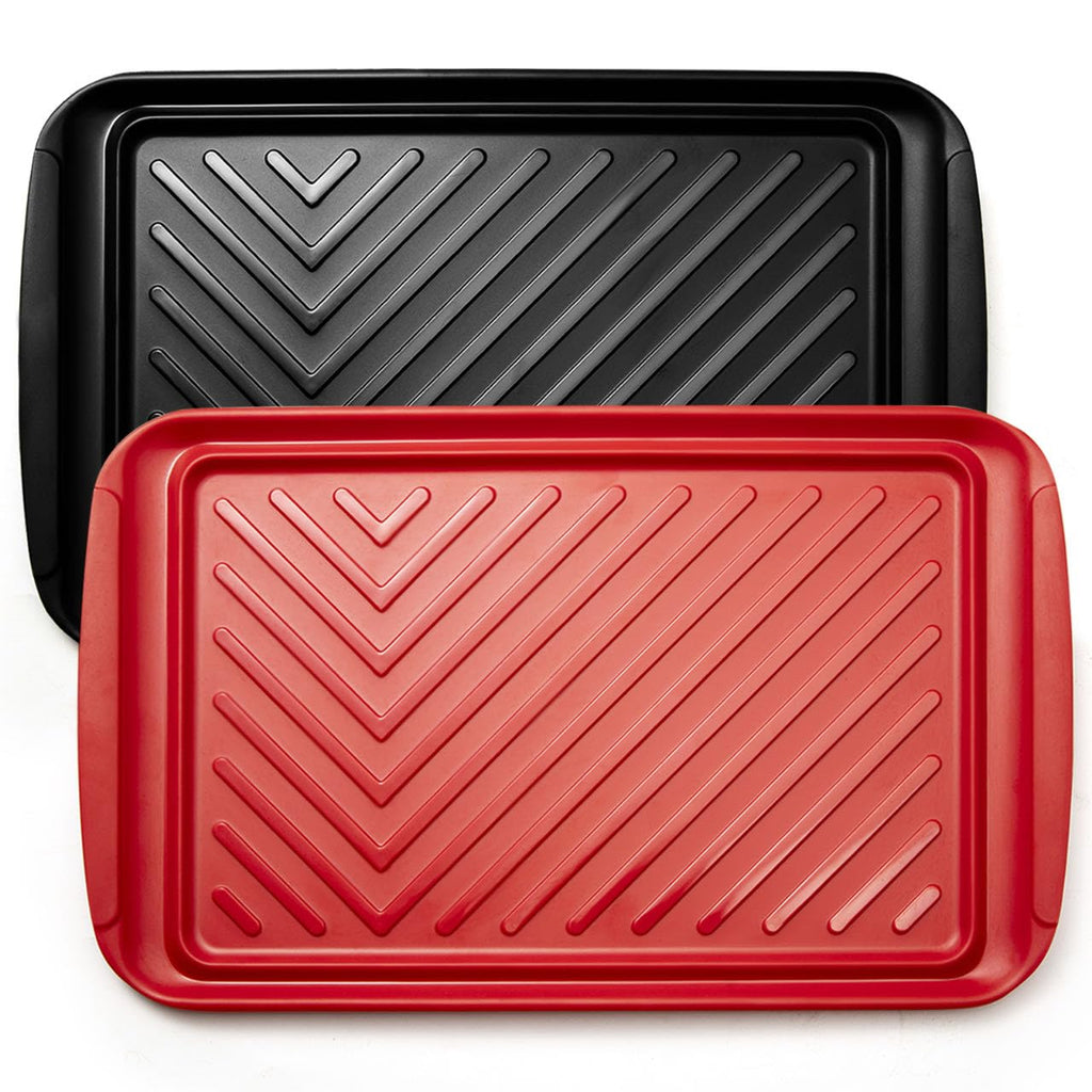 LEHAHA Grilling Prep Trays, Melamine BBQ Prep and Serving Platters and Tray for Outdoor Entertaining, Large Food Serving Trays, Set of 2, 17.2" x 10.5",Great for Grilling Lovers,Black and Red