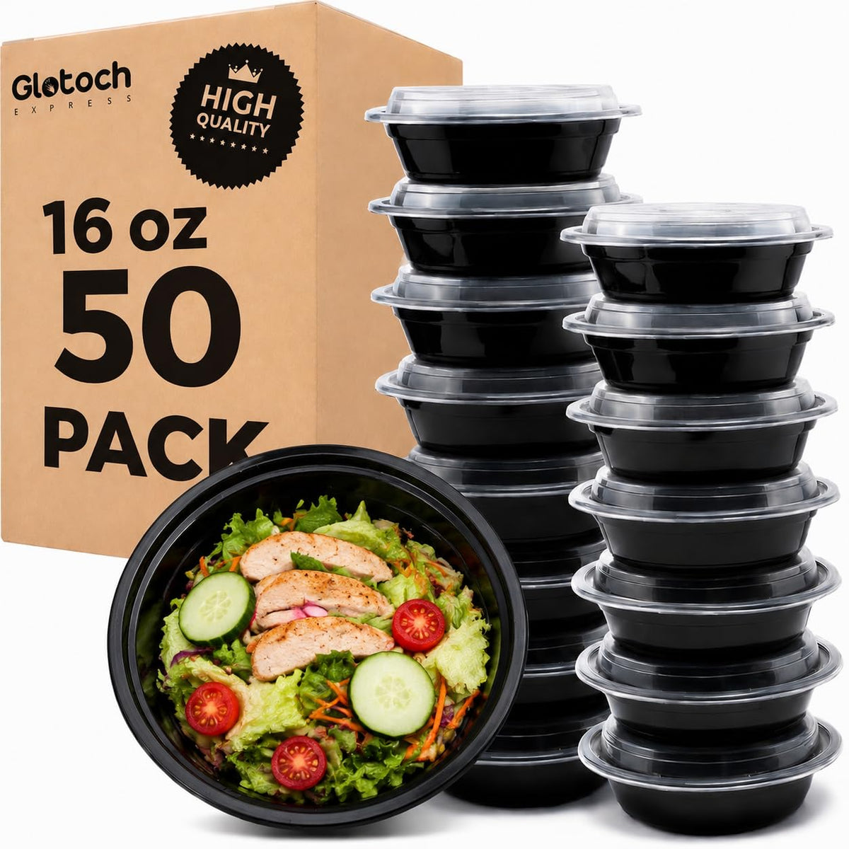 Glotoch Round Meal Prep Containers Bowls with Lids, 16 oz, 150 Pack