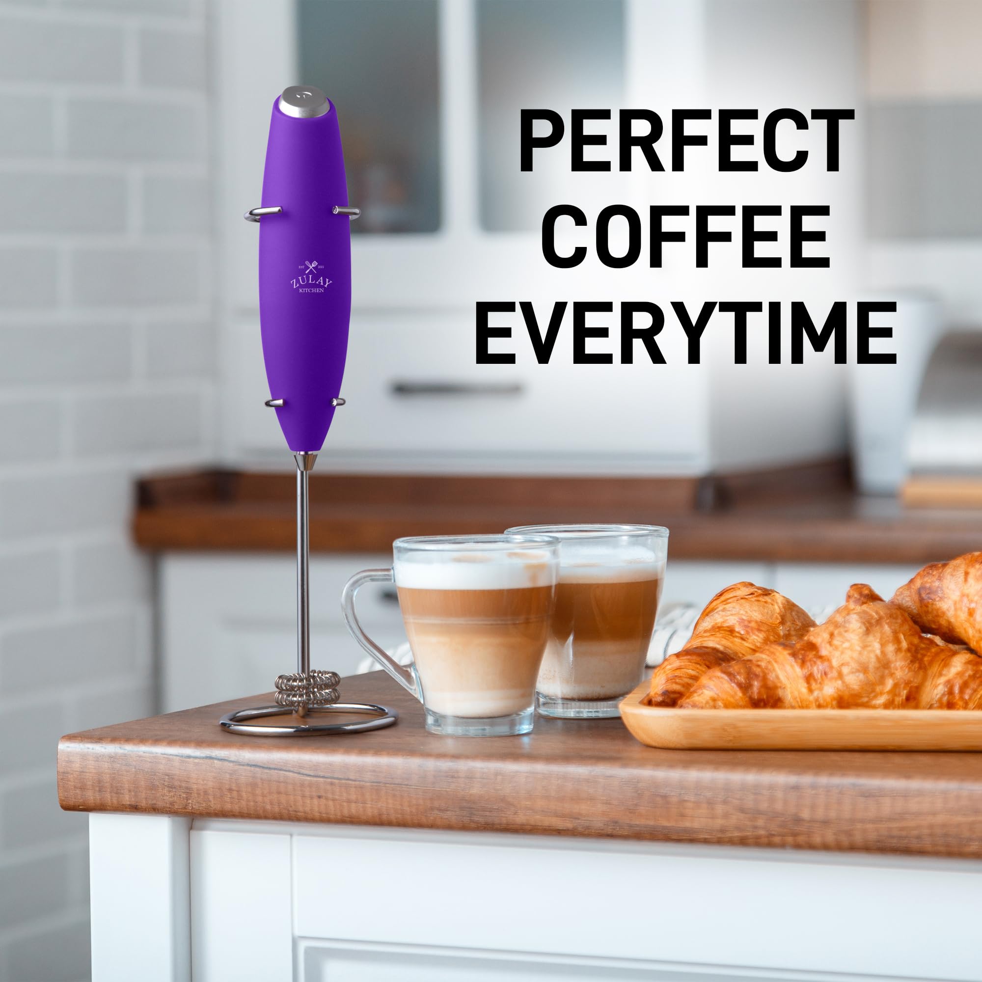 Zulay Kitchen Powerful Milk Frother Wand With Duracell Batteries - Ultra Fast Handheld Drink Mixer - Electric Whisk Foam Maker for Coffee, Lattes, Cappuccino & Matcha - Double Whisk - Purple