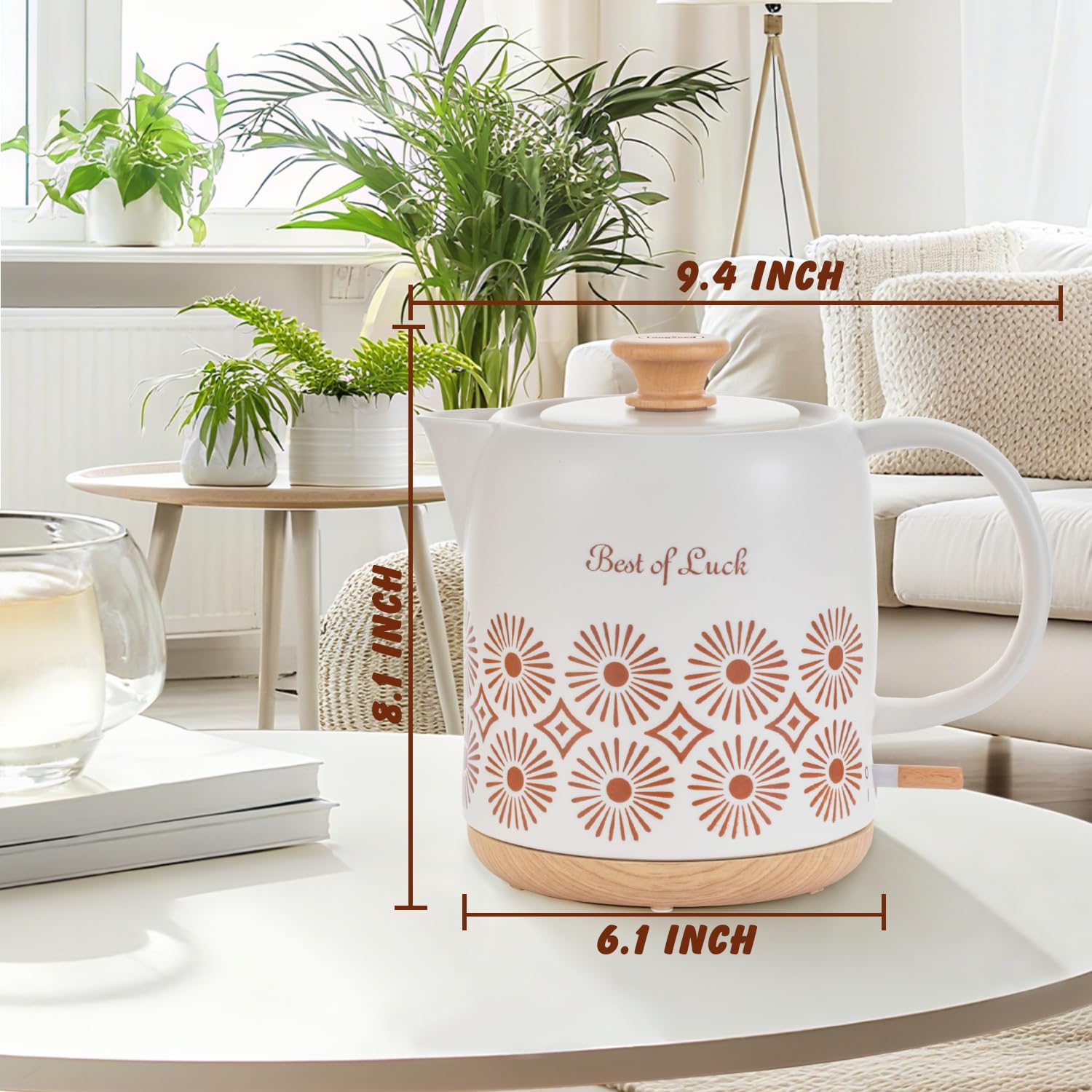 LONGSEED 1 Quart Ceramic Electric Kettle, 1000W Fast Boil Retro Tea Pot with Auto Shut-Off & Boil-Dry Protection, Floral Porcelain Hot Water Boiler with LED Light for Home & Kitchen