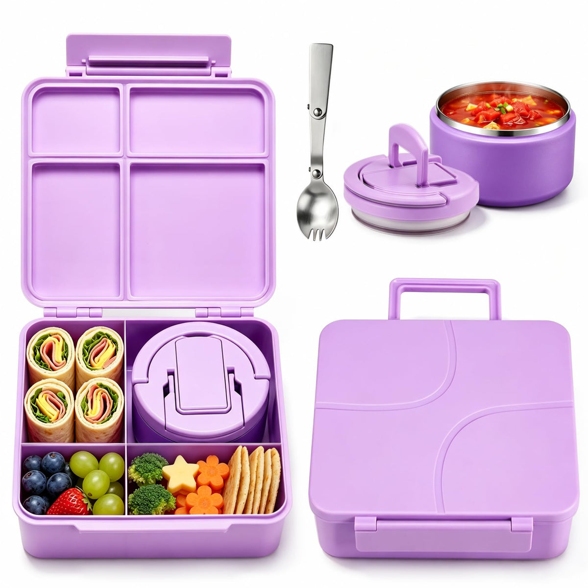 Bento Lunch Box for Kids with 8oz Soup Thermo,Kids Leakproof Lunch Food Containers with 4 Compartment,Kid Insulated Thermo Hot Food Jar for School,Trvael-Green