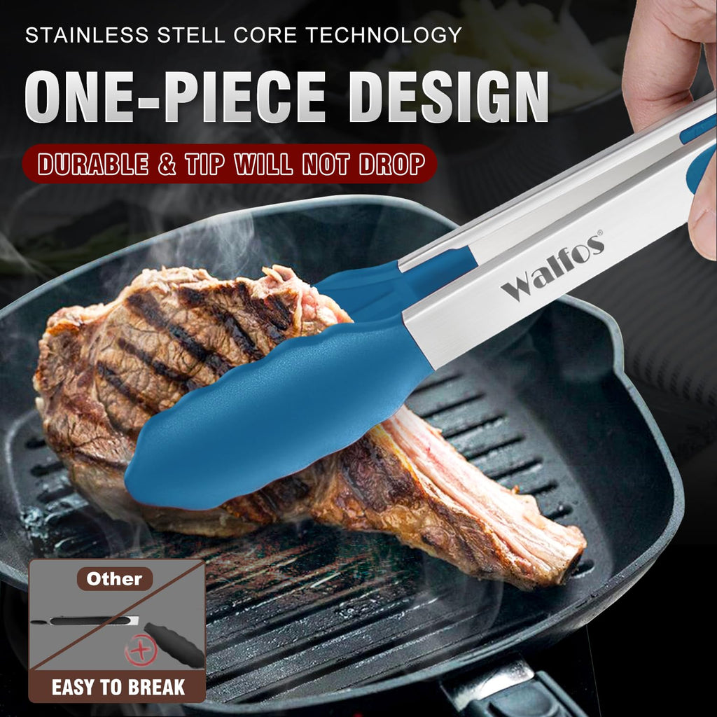 Walfos Kitchen Tongs - 7" 9" and 12" Heat Resistant Food tongs, Thickened Stainless Steel and BPA Free Silicone Tips, Great for Cooking, Grilling, Turning, Dishwasher safe(3 blue silicone tongs)