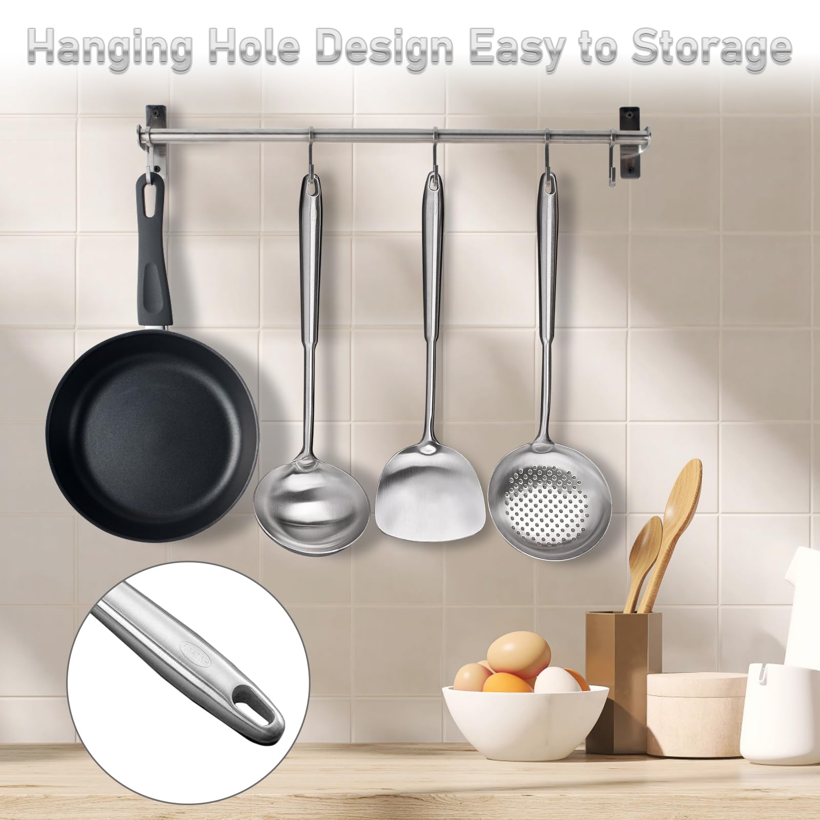 FJNATINH 4-Pieces 304 Stainless Steel Wok Spatula Set,Cooking Utensil Set,Soup Ladle Colander,Nonstick Kitchen Cooking Utensils Set with Spatula,Kitchenware Tools