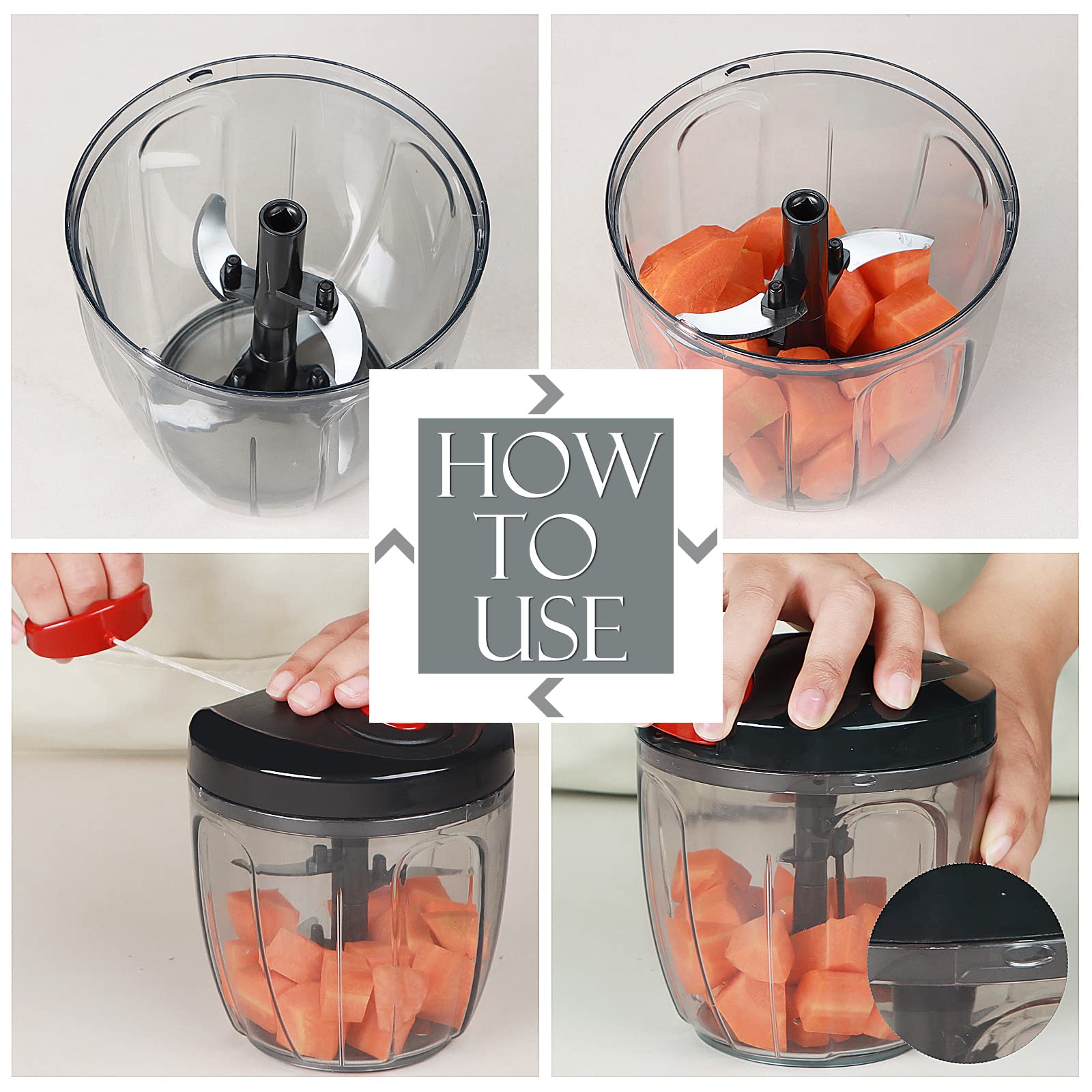 Ourokhome Manual Food Processor Vegetable Chopper, Portable Hand Pull String Garlic Mincer Onion Cutter for Veggies, Ginger, Fruits, Nuts, Herbs, etc., 900ml, Black