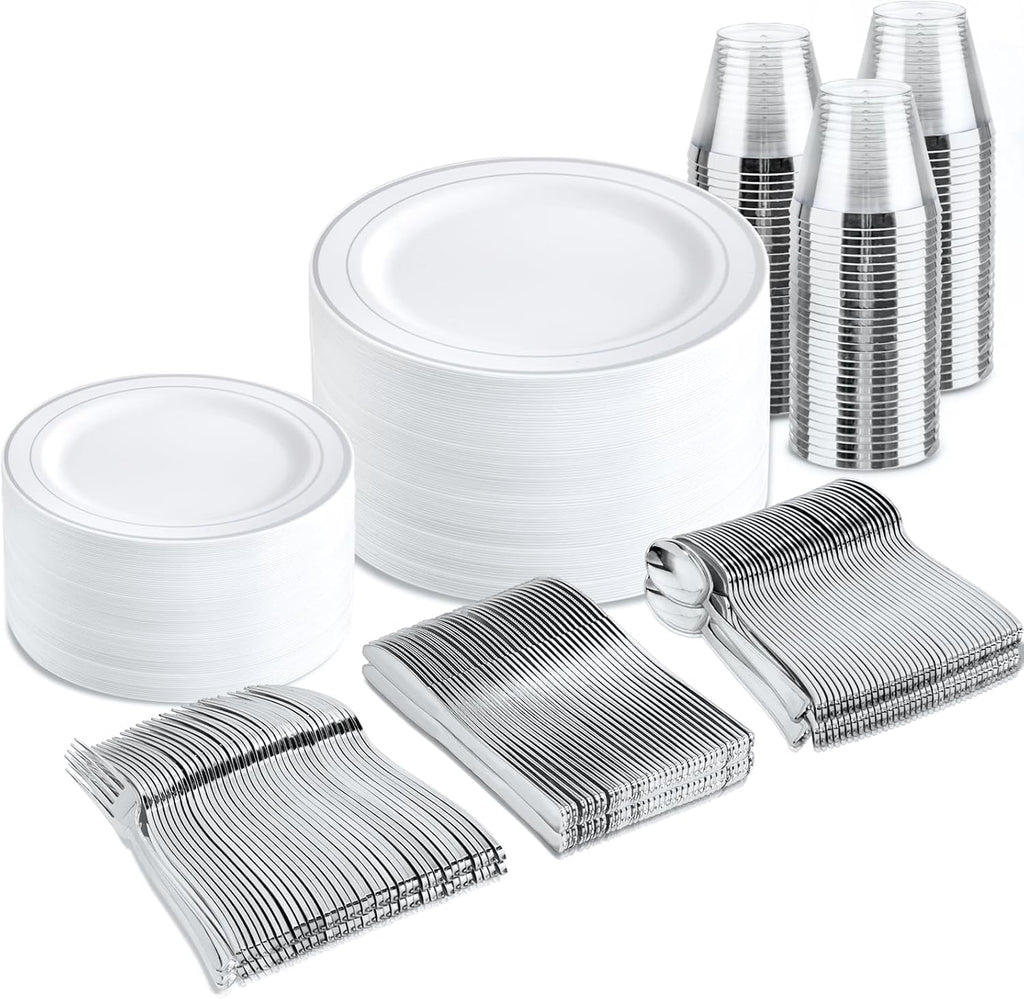 bUCLA 600PCS Clear Rose Gold Plastic Dinnerware Set Disposable - Include 100 Dinner Plates, 100 Dessert Plates, 100 Knives, 100 Forks, 100 Spoons, 100 Cups for Party & Wedding