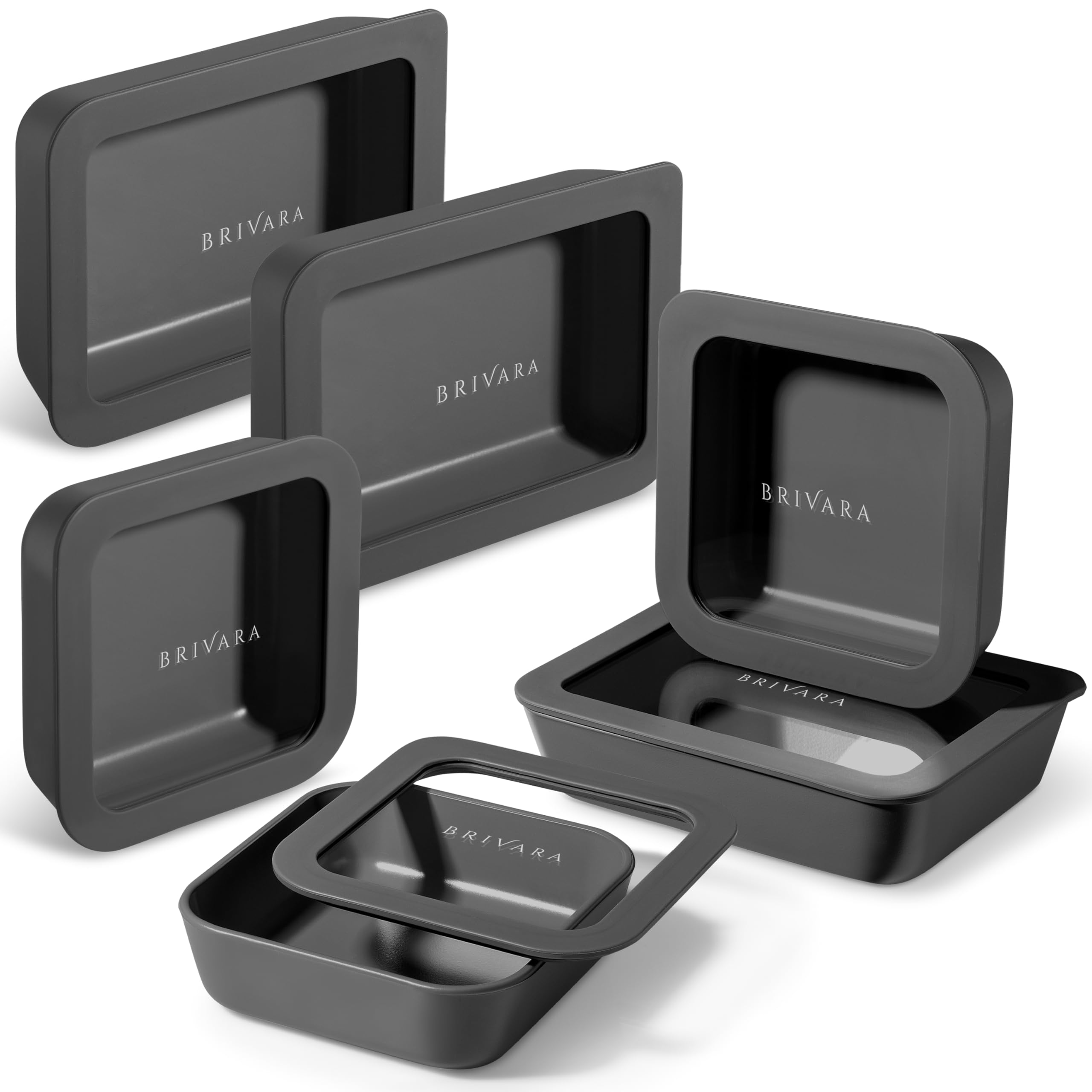 BRIVARA HOME 12-Piece Glass Meal Prep Containers Set with Lids (6 Containers + 6 Lids) | Microwave-Safe Airtight Seal, Oven-Safe Ceramic-Coated Glass | Zero Plastic, No PFAS/PFOA/BPA [Onyx]