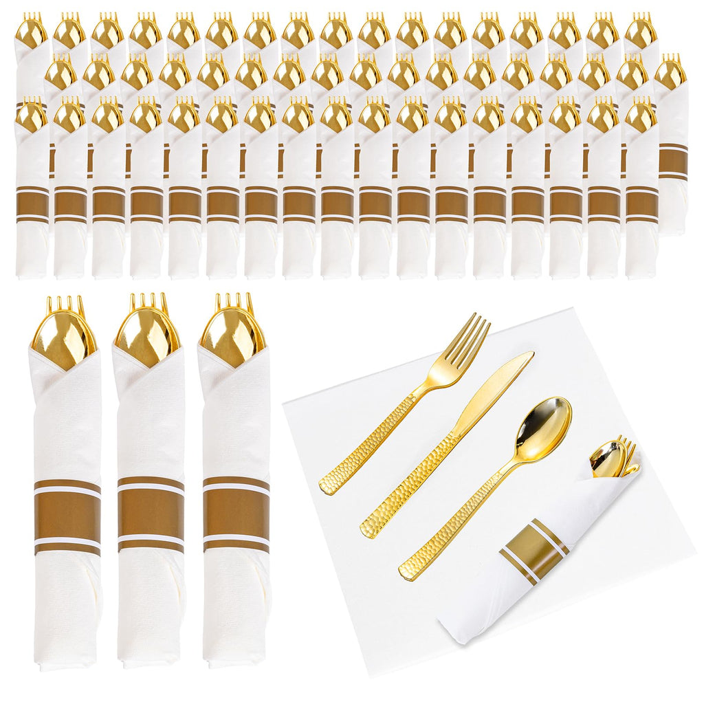 WELLIFE 75 Pack Gold Plastic Cutlery,Pre Rolled Silverware Set Disposable,Gold Disposable Utensils,Includes: 75 Forks, 75 Knives, 75 Spoons, 75 Napkins, Plastic Silverware