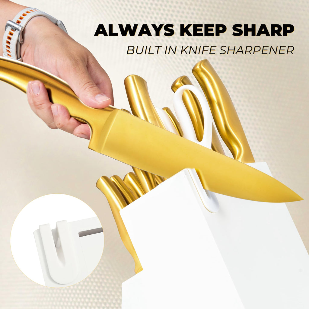 ZHANG XIAO QUAN Gold Knife Set with White Block, High Carbon Stainless Steel Sharp Blades, Built-in Sharpener Kitchen Knife Block Set for Home Cooking