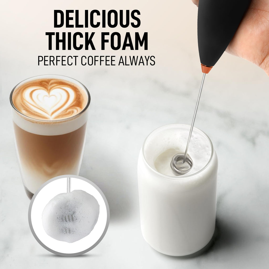 Zulay Kitchen Powerful Milk Frother Wand With Duracell Batteries - Ultra Fast Handheld Drink Mixer - Electric Whisk Foam Maker for Coffee, Lattes, Cappuccino & Matcha - Double Whisk - Black Copper