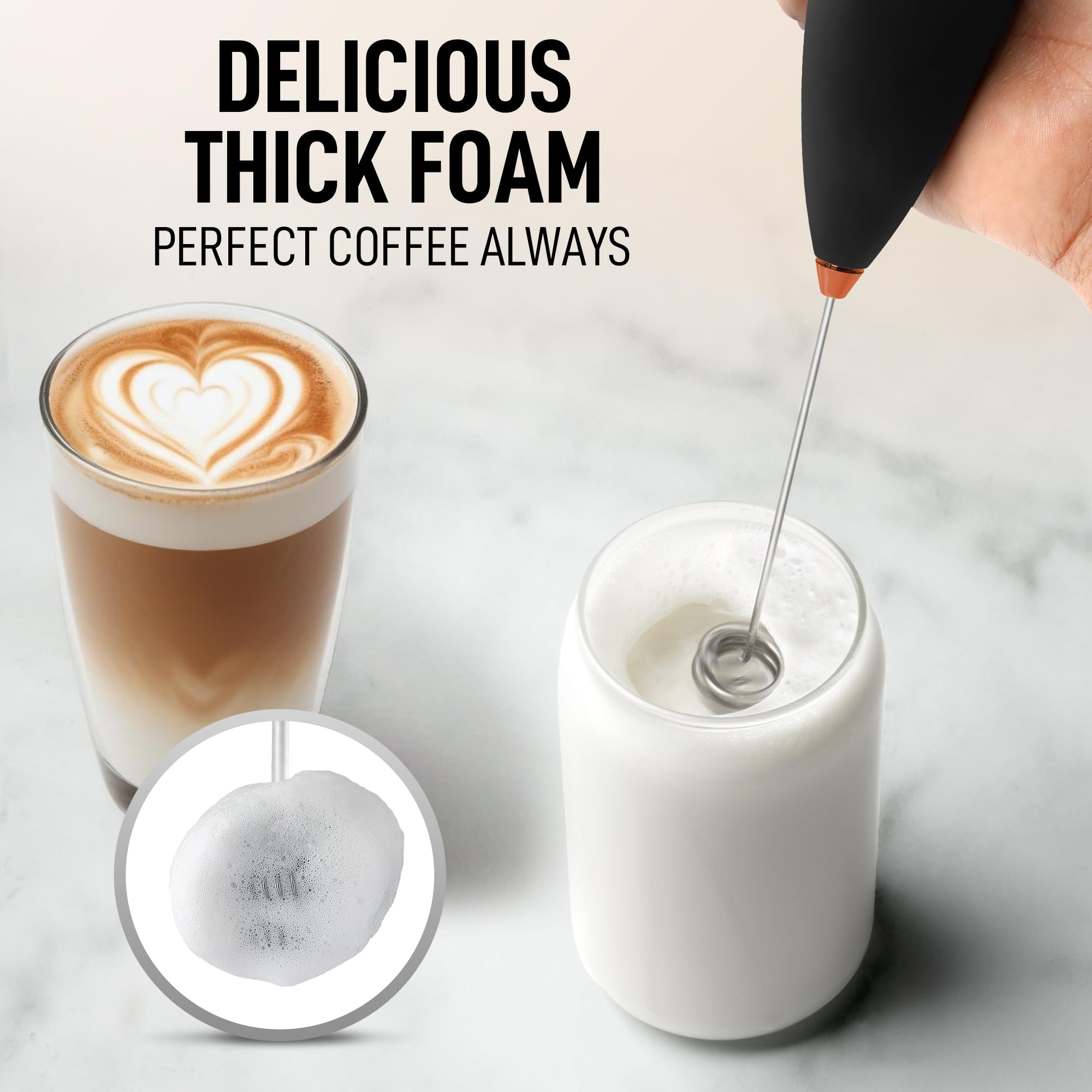 Zulay Kitchen Powerful Milk Frother Wand With Duracell Batteries - Ultra Fast Handheld Drink Mixer - Electric Whisk Foam Maker for Coffee, Lattes, Cappuccino & Matcha - Double Whisk - Black Copper