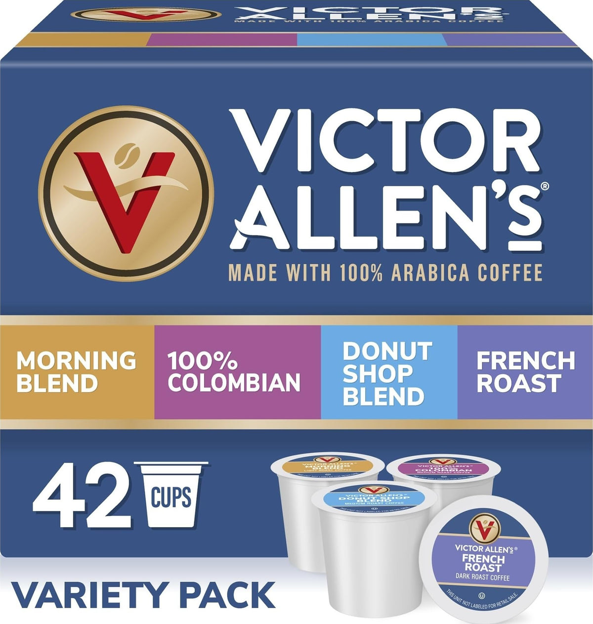 Victor Allen's Coffee Variety Pack (Morning Blend, 100% Colombian, Donut Shop Blend, and French Roast), 42 Count, Single Serve Coffee Pods for Keurig K-Cup Brewers