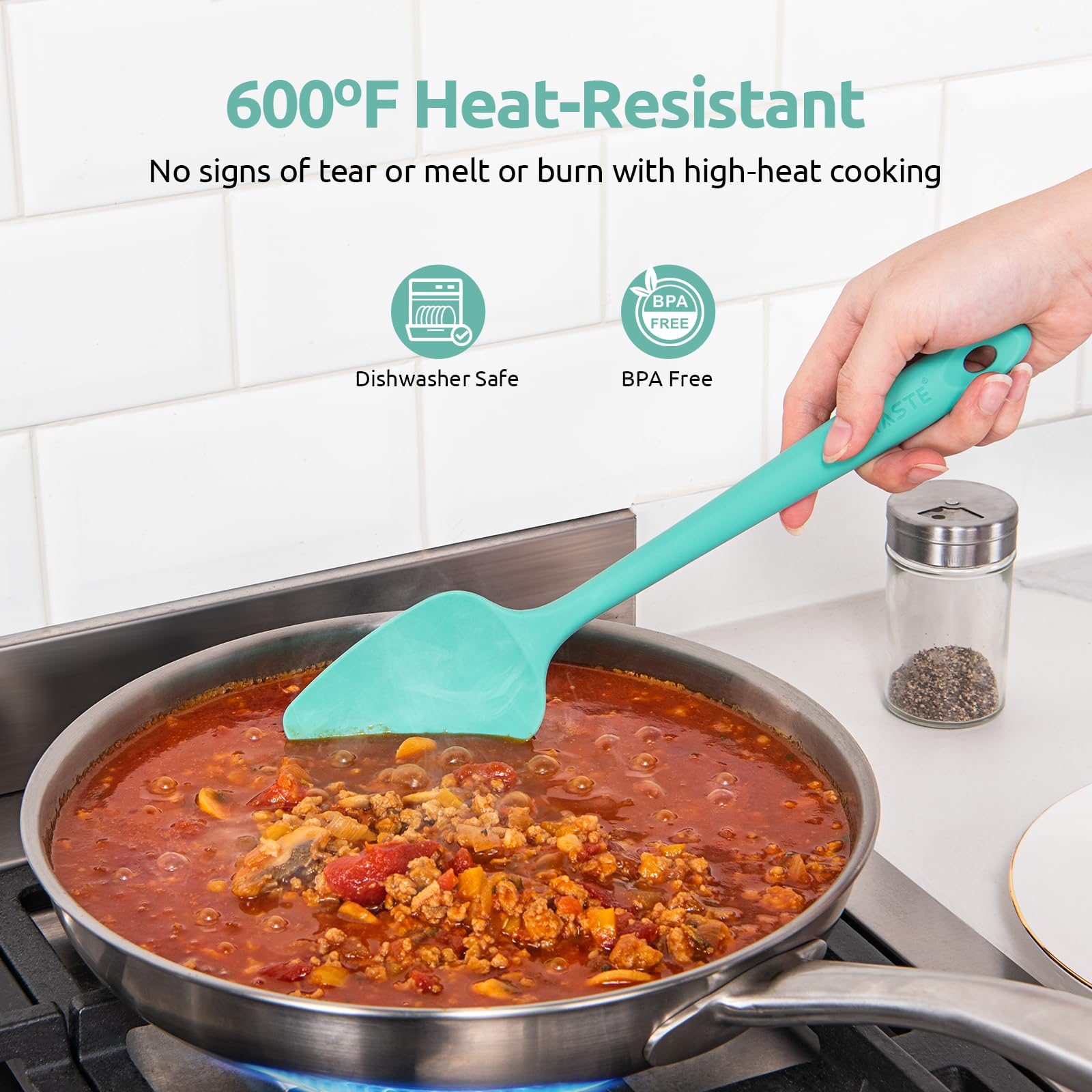 U-Taste Silicone Spoon Spatula Set of 3, 600°F High Heat Temp, Aqua Sky