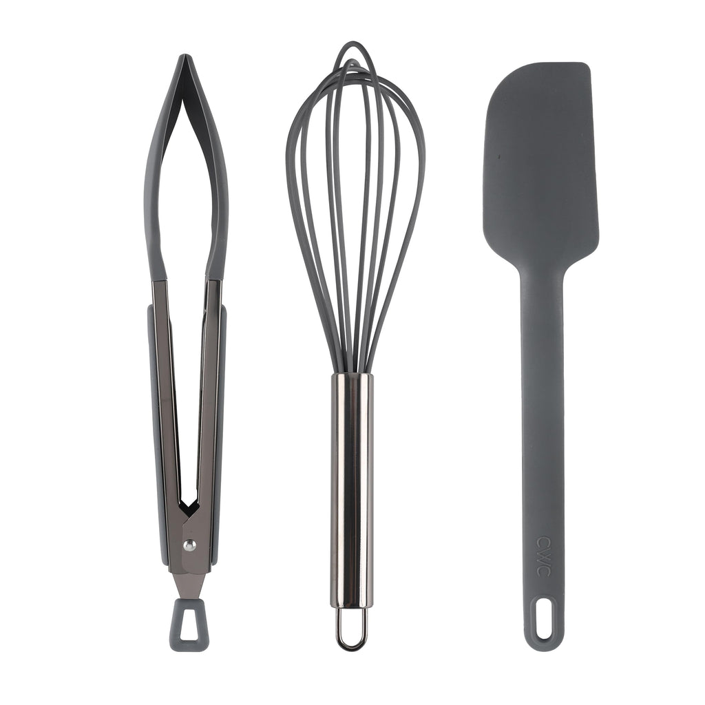 COOK WITH COLOR Stainless Steel Silicone Tipped Kitchen & BBQ Tongs Set, 3 Pc Utensils, Grey